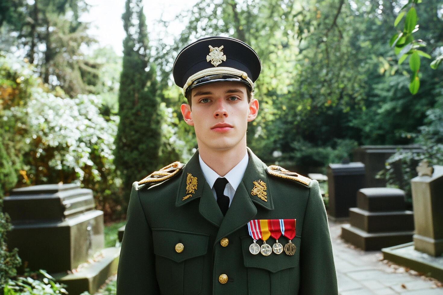 A young man in uniform standing in front of a cemetery photo