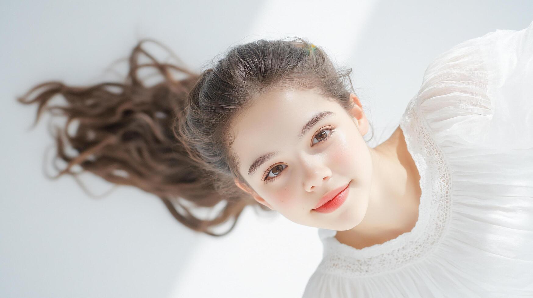A young girl with long hair and a white dress photo