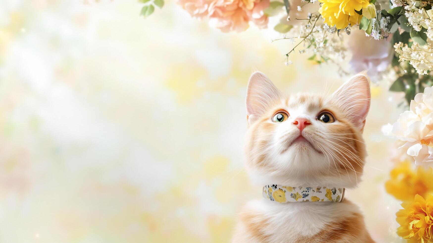 A cat is looking up at the sky with flowers photo