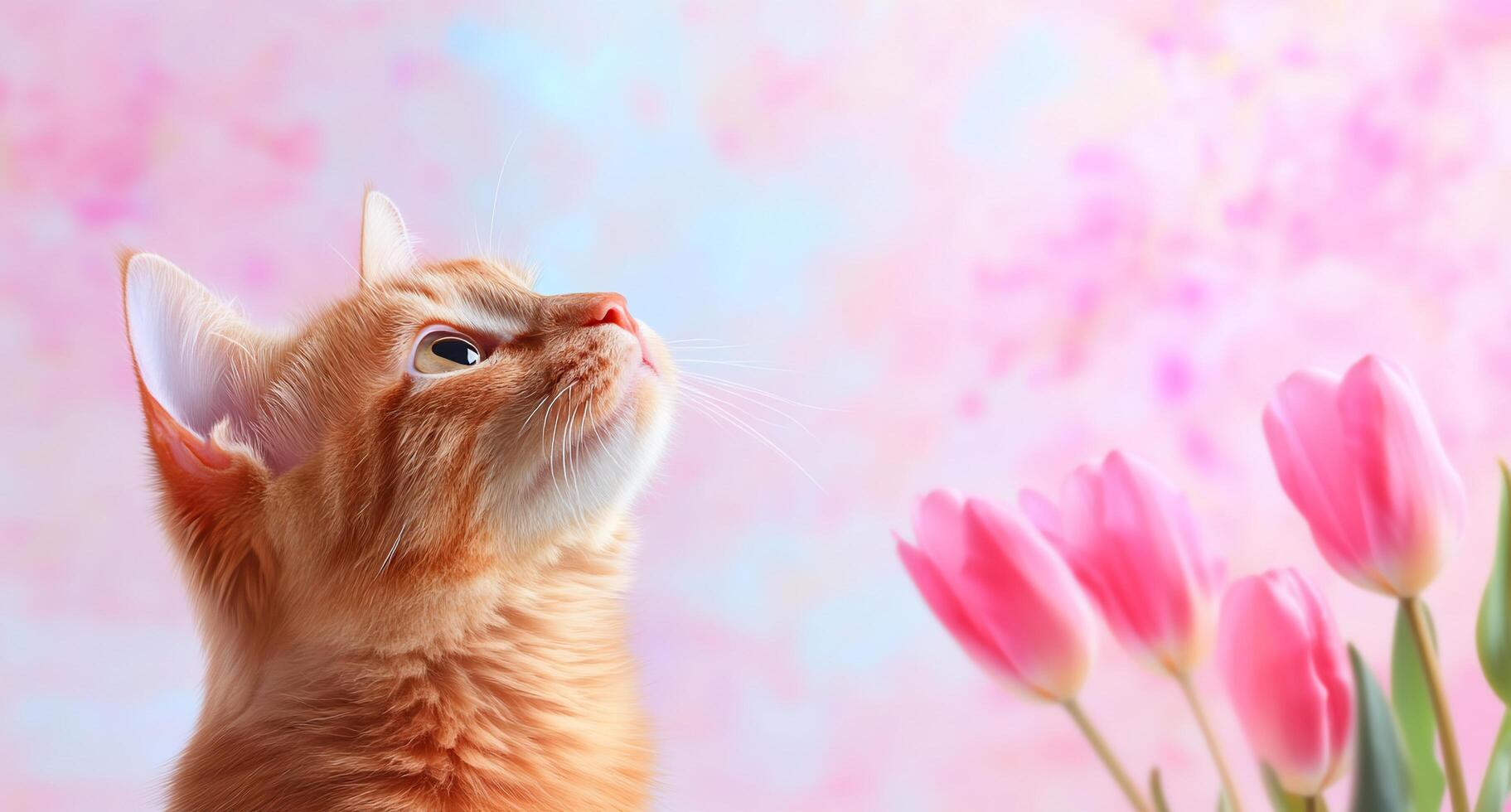 An orange cat looking up at pink tulips photo