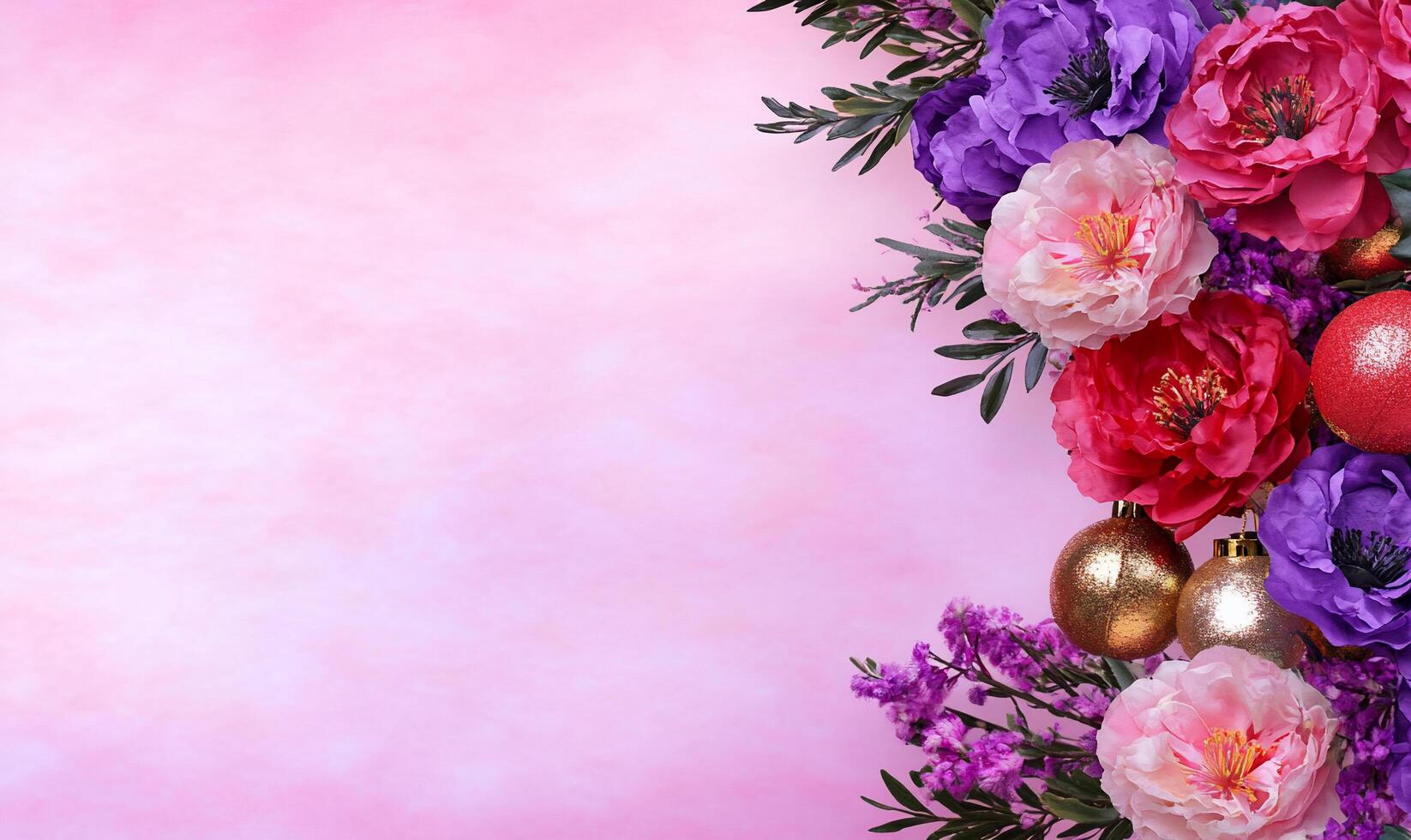 A pink background with flowers and gold balls photo