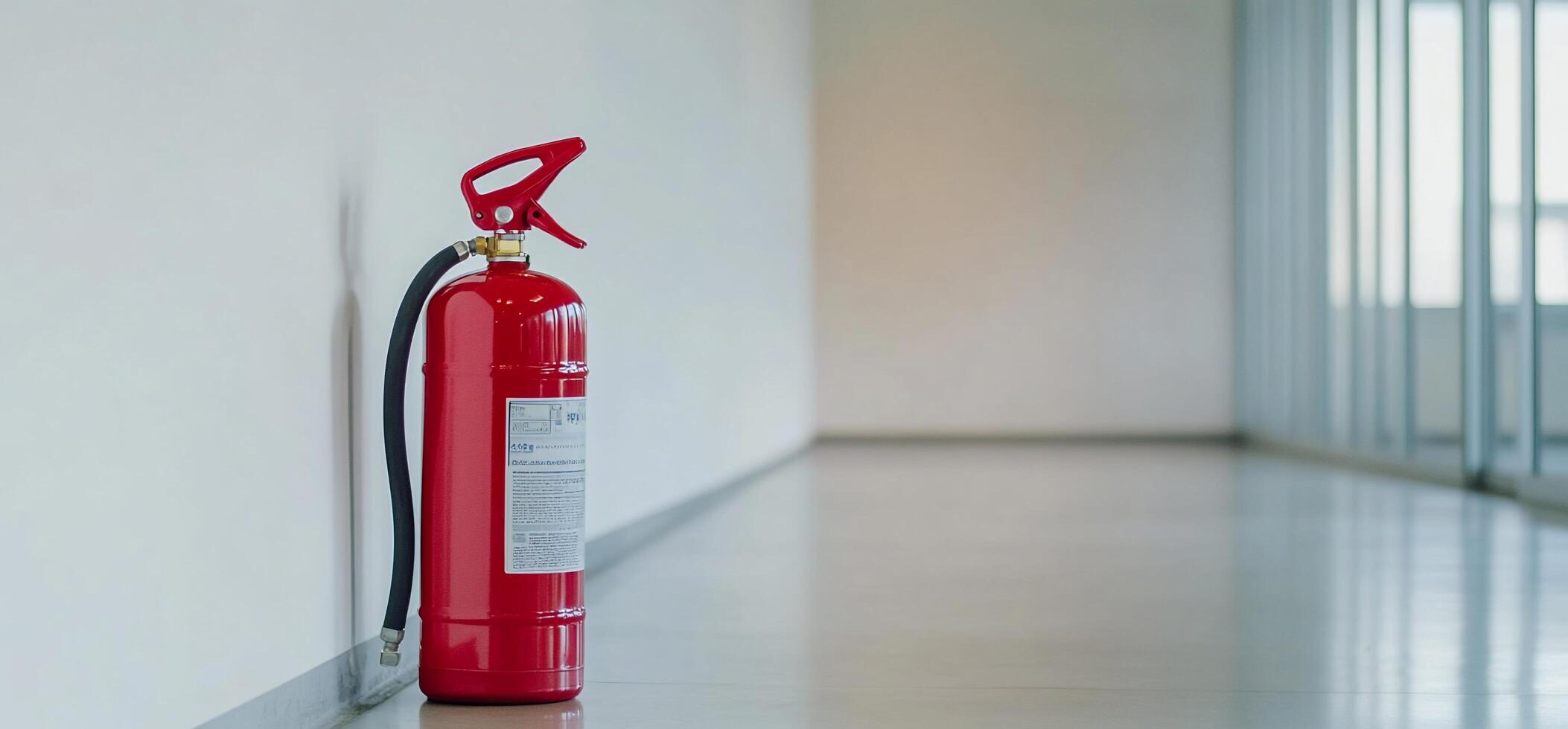 A fire extinguisher is sitting on the floor in a hallway photo
