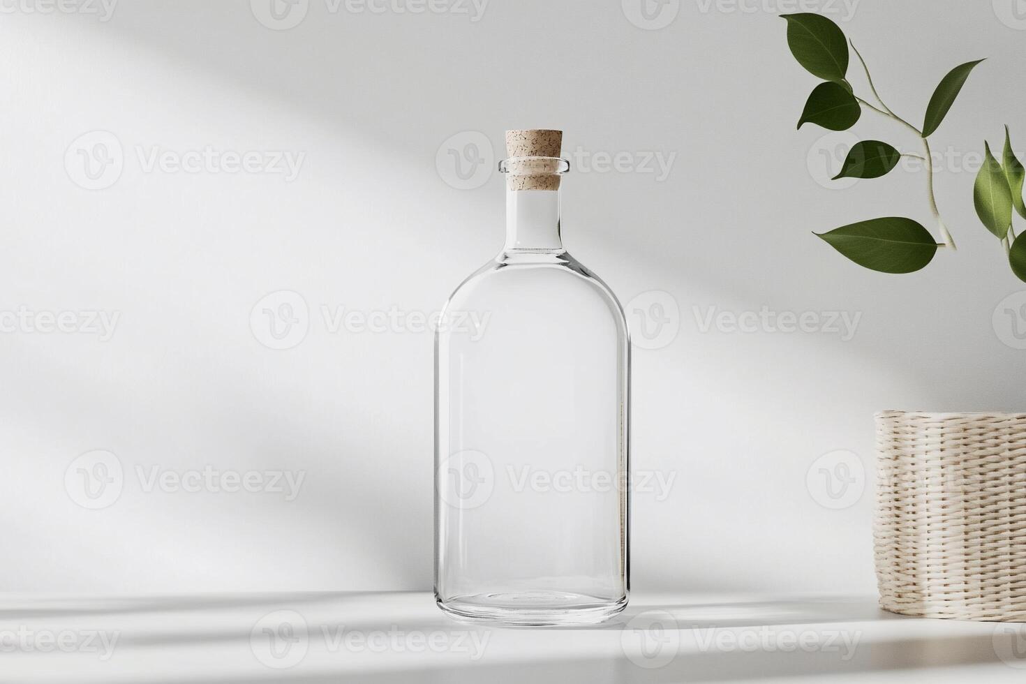 A bottle with a cork on top of a table photo