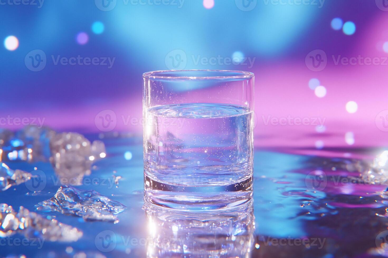 A glass of water sitting on a table with a purple background photo