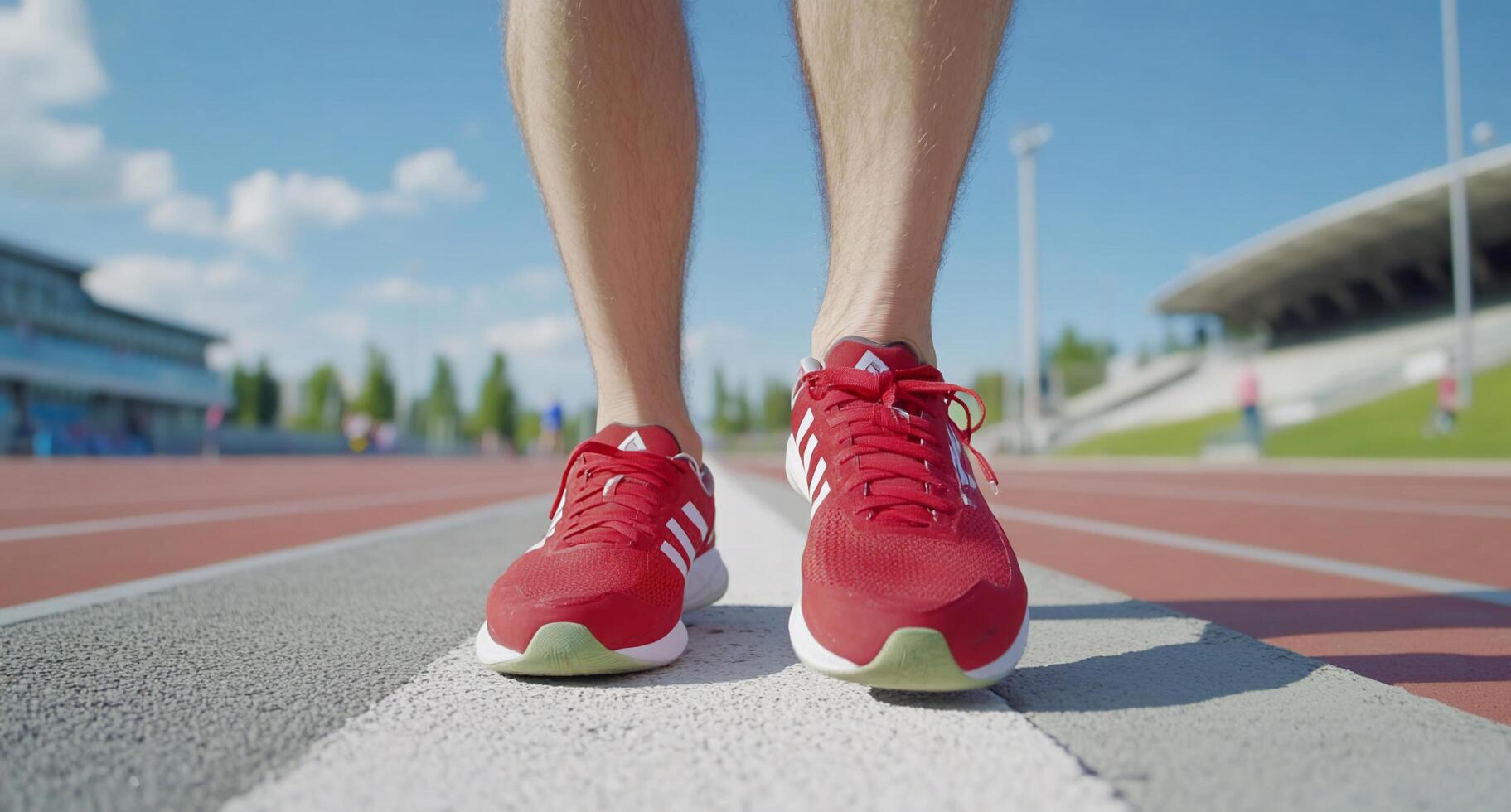 Close-up of red athletic shoes on a running track. photo