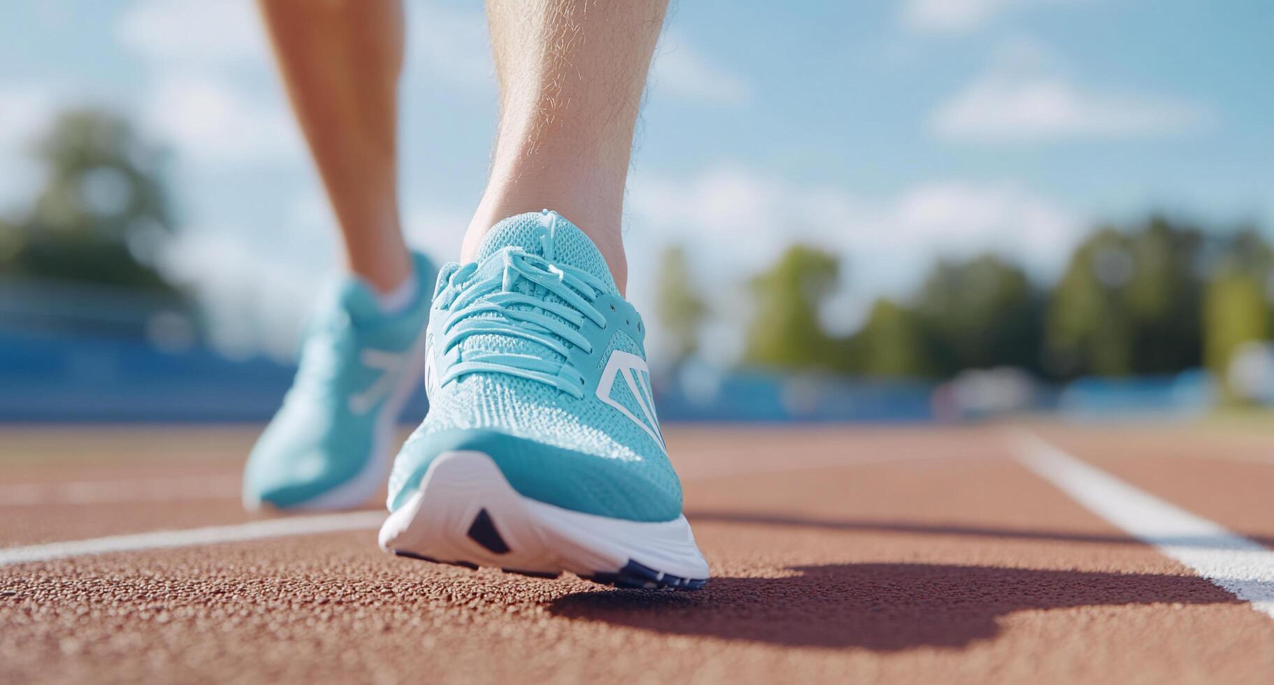 A close-up of a runner's foot on a track, emphasizing athletic movement. photo