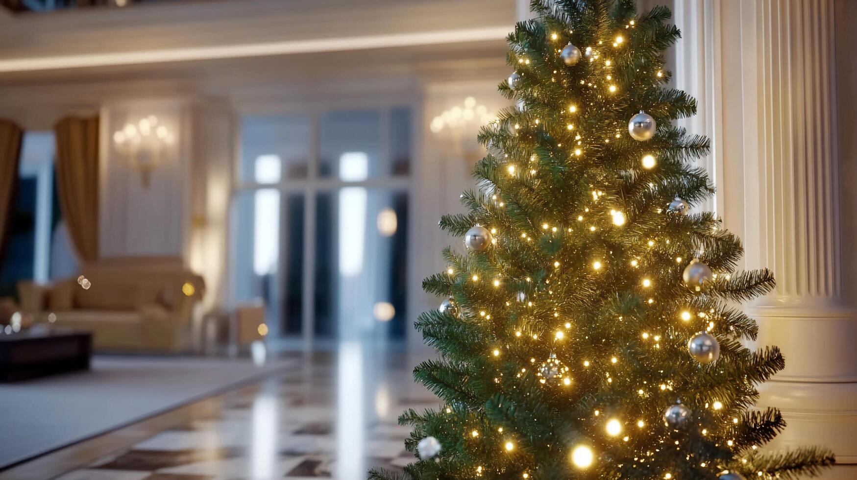 A beautifully decorated Christmas tree with lights in an elegant setting. photo