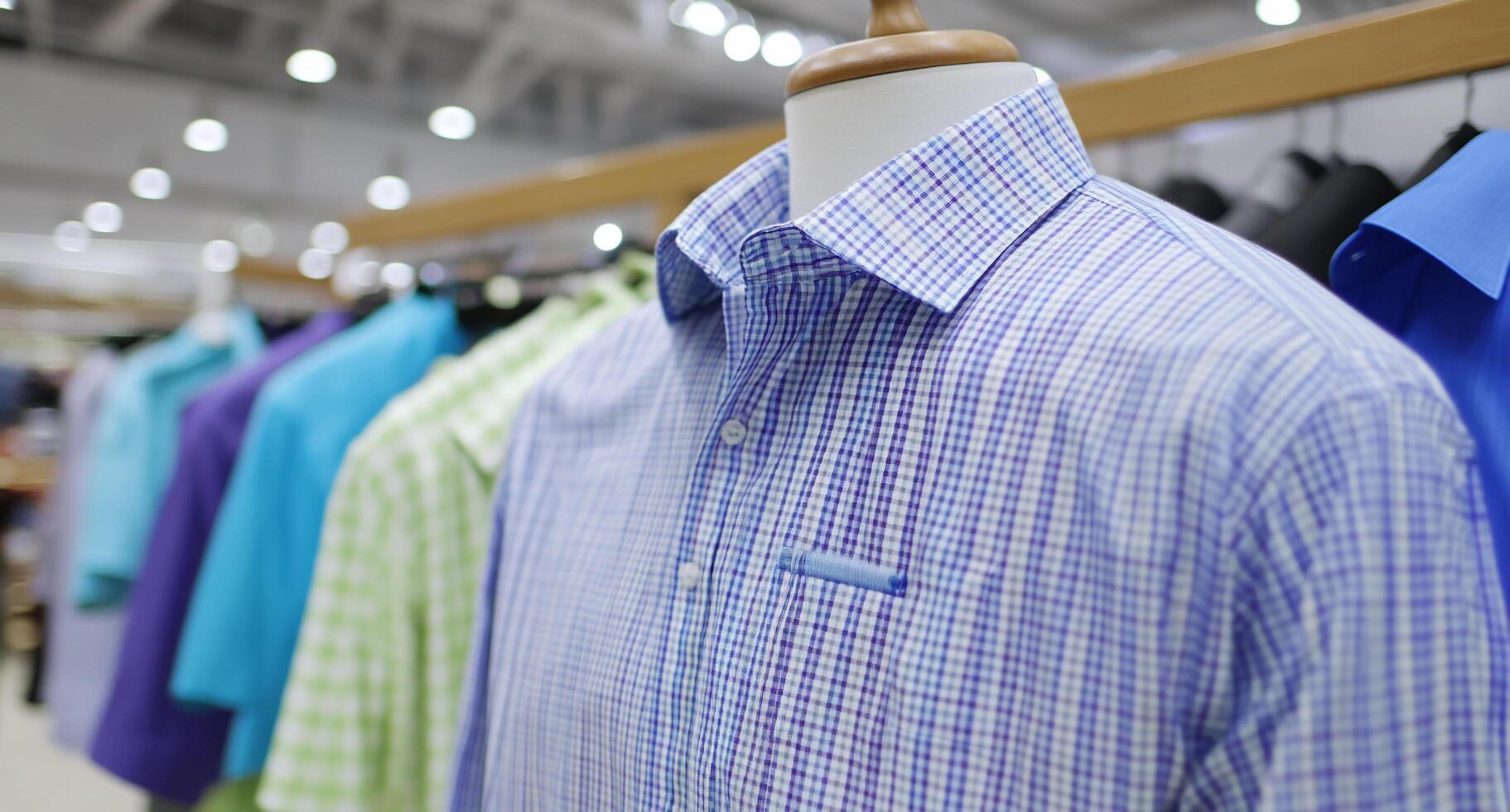 A display of colorful dress shirts on hangers in a retail store. photo