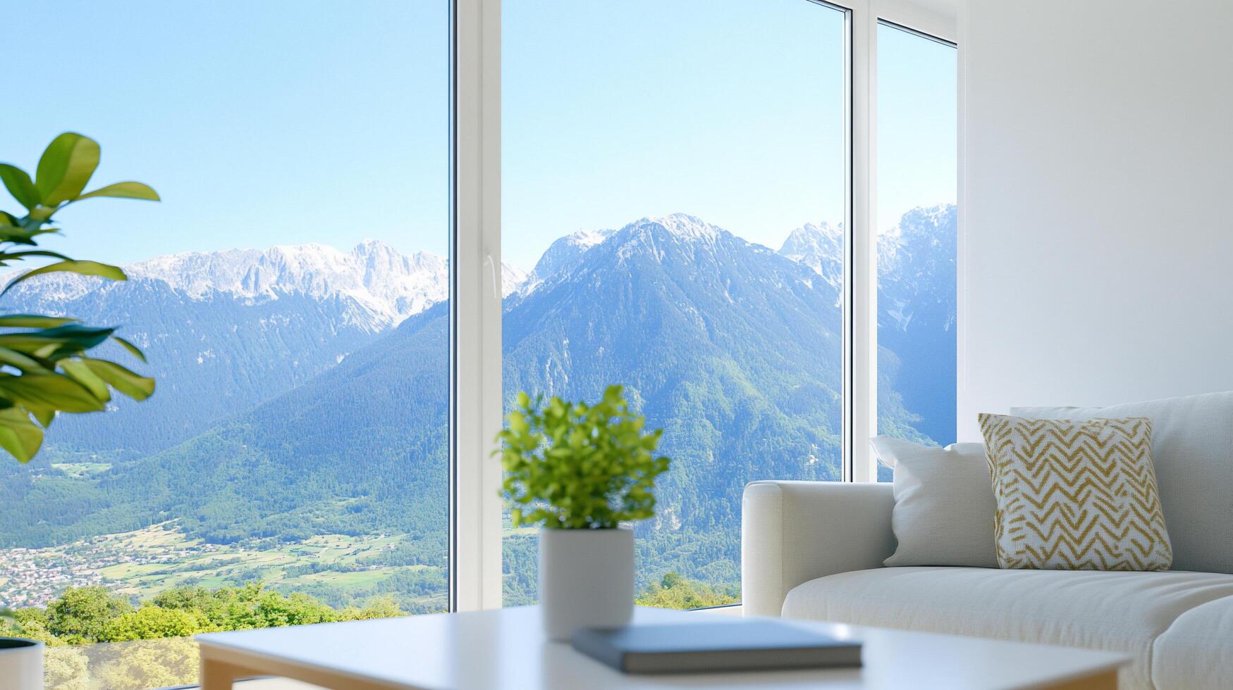 A modern living room with a scenic mountain view through large windows. photo