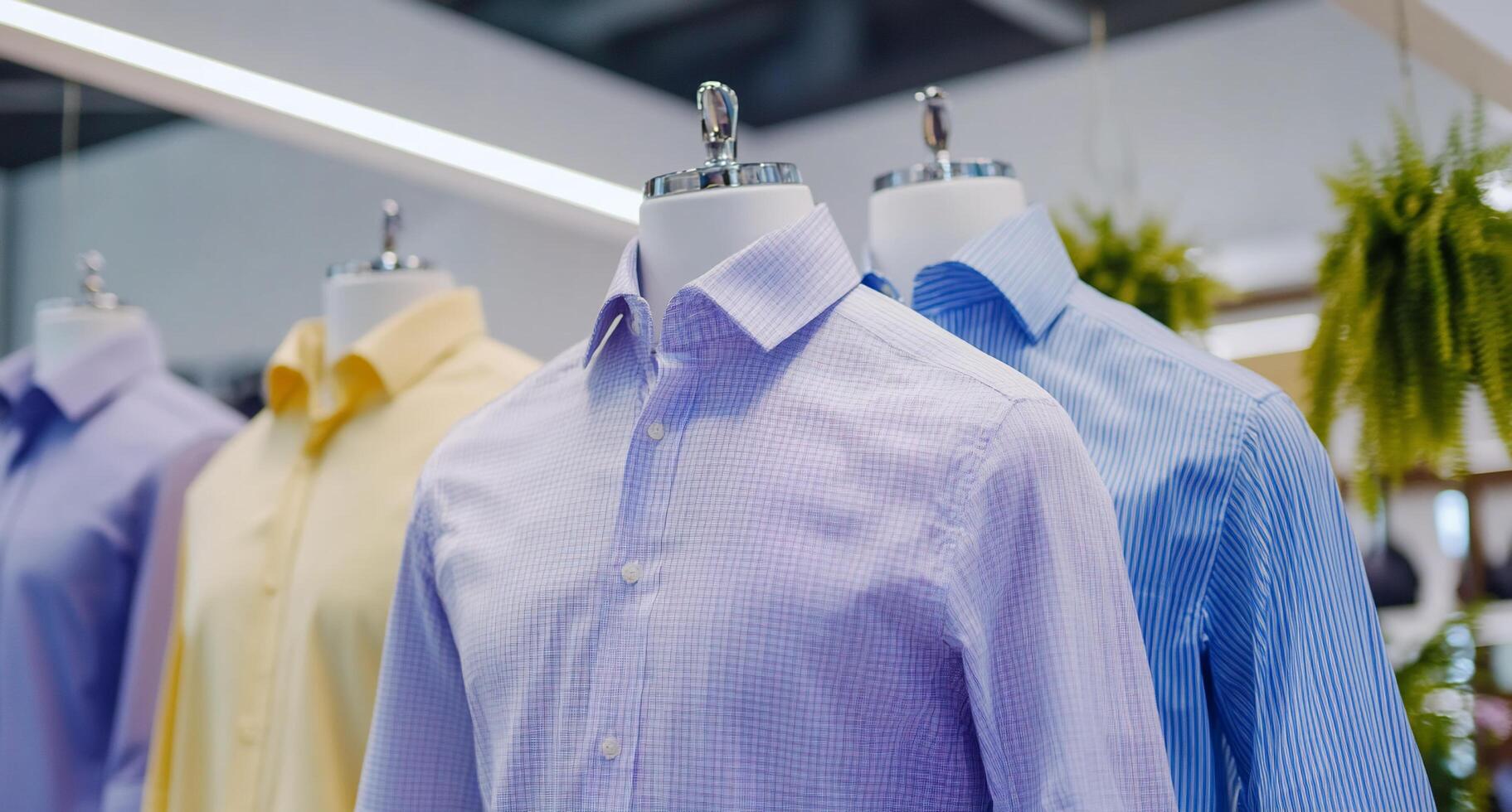 Display of colorful dress shirts on mannequins in a retail setting. photo