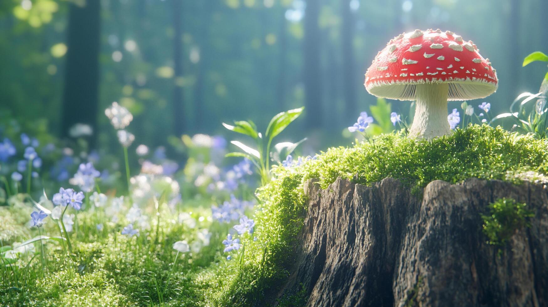 A vibrant red mushroom surrounded by flowers in a lush forest setting. photo