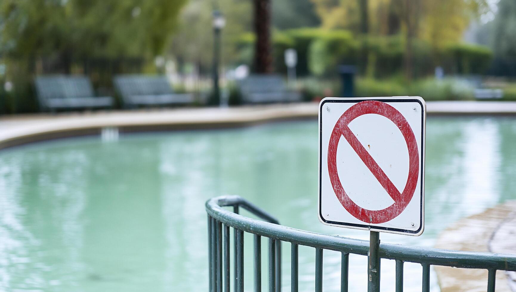 A no swimming sign near a green pool in a park setting. photo