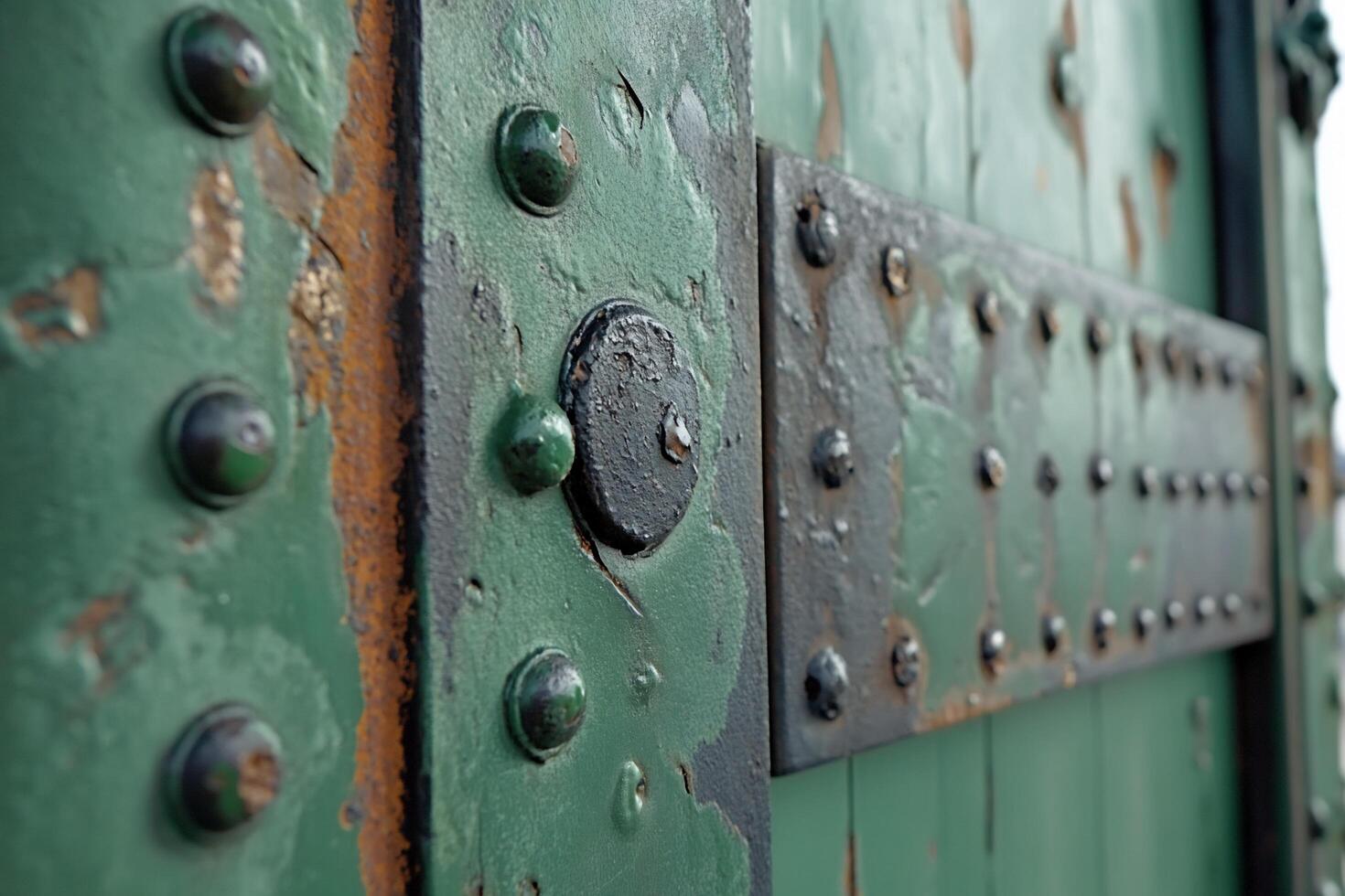 A close up of a green door with rivets photo