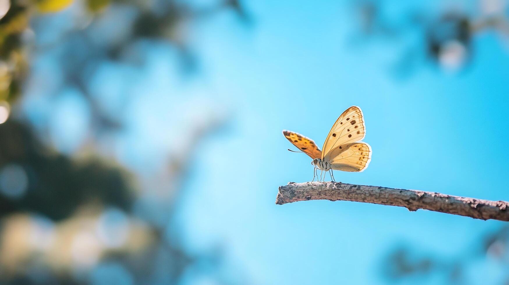 A butterfly is sitting on a branch with a blue sky in the background photo