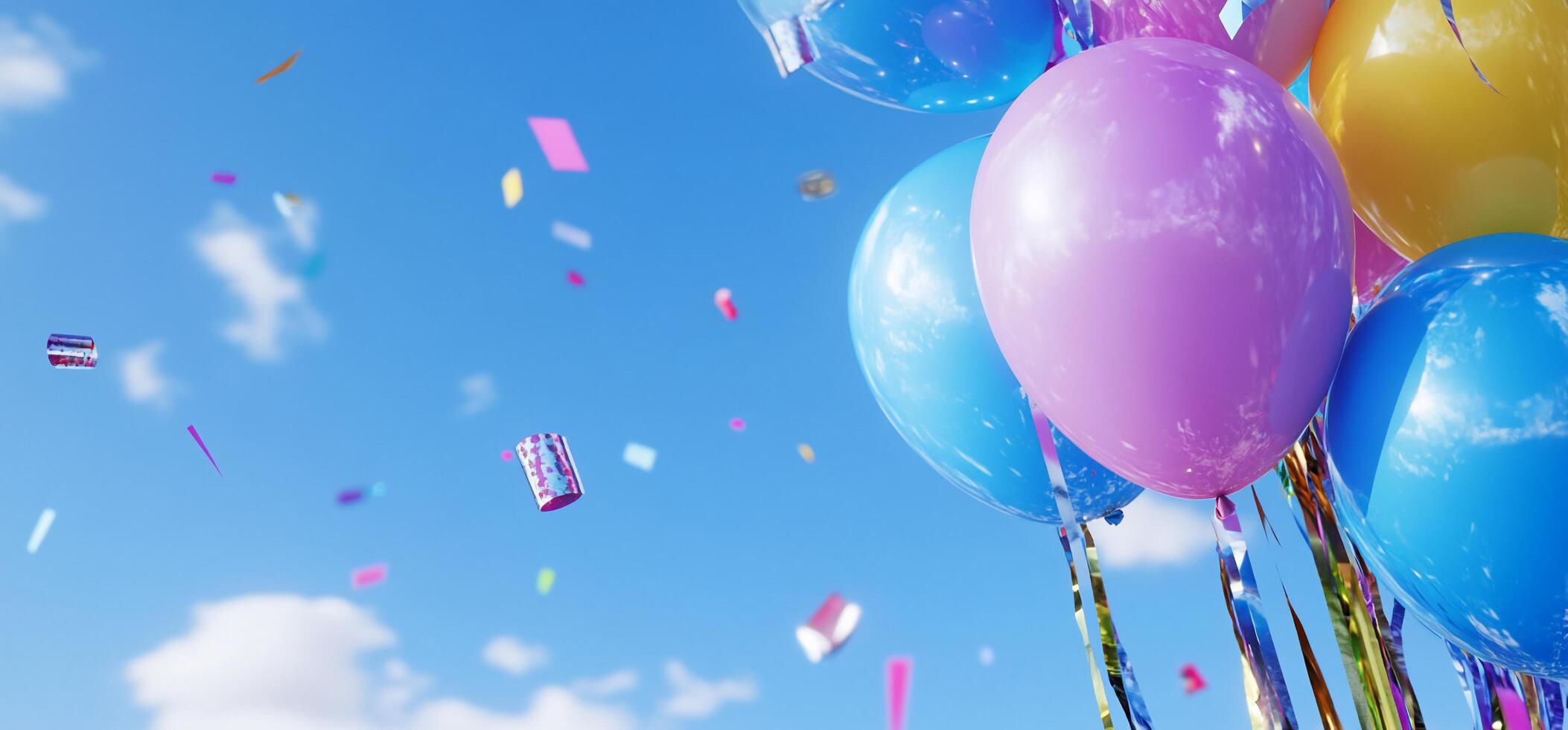 Colorful balloons floating against a blue sky, celebrating a joyful occasion. photo