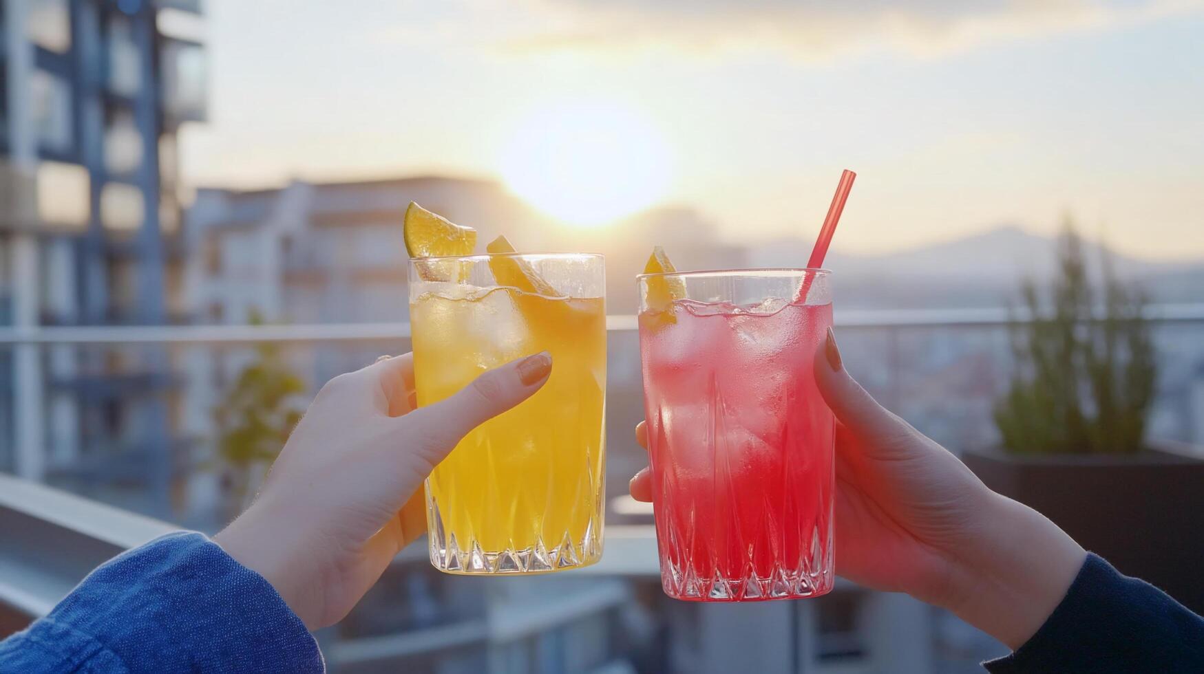 Two colorful cocktails toast against a sunset backdrop. photo