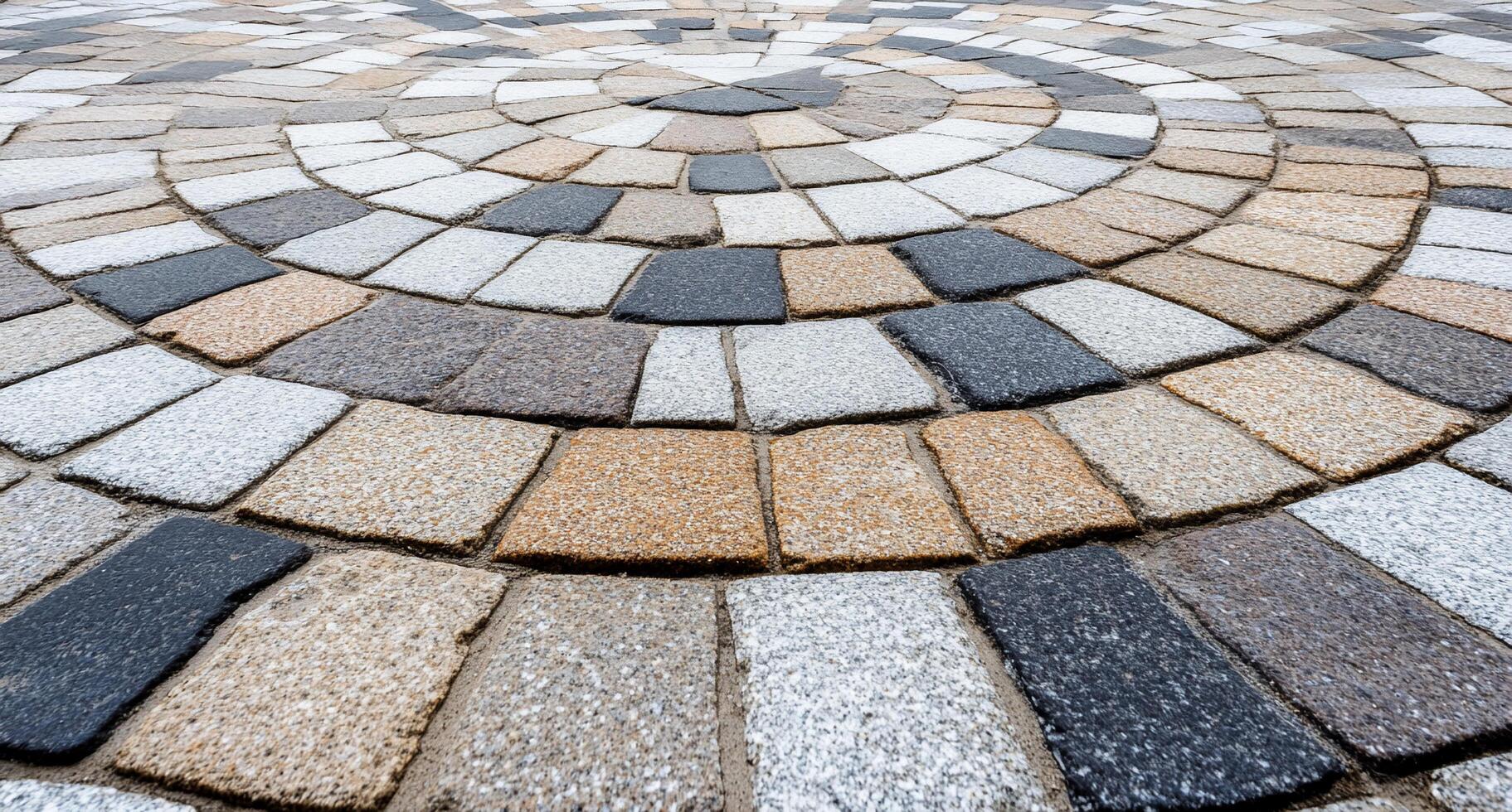 Circular pattern of interlocking stones in varying colors and textures. photo