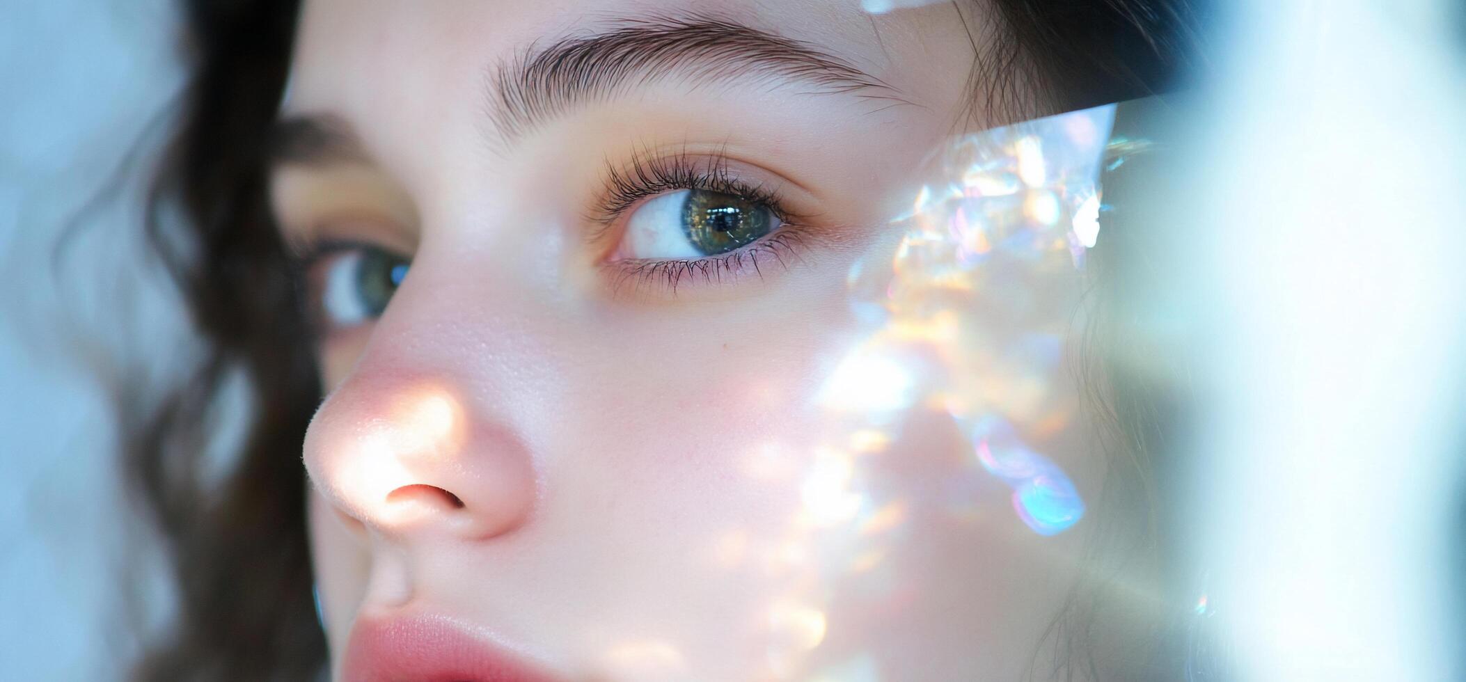 A close up of a woman's face with a reflection of her eyes photo