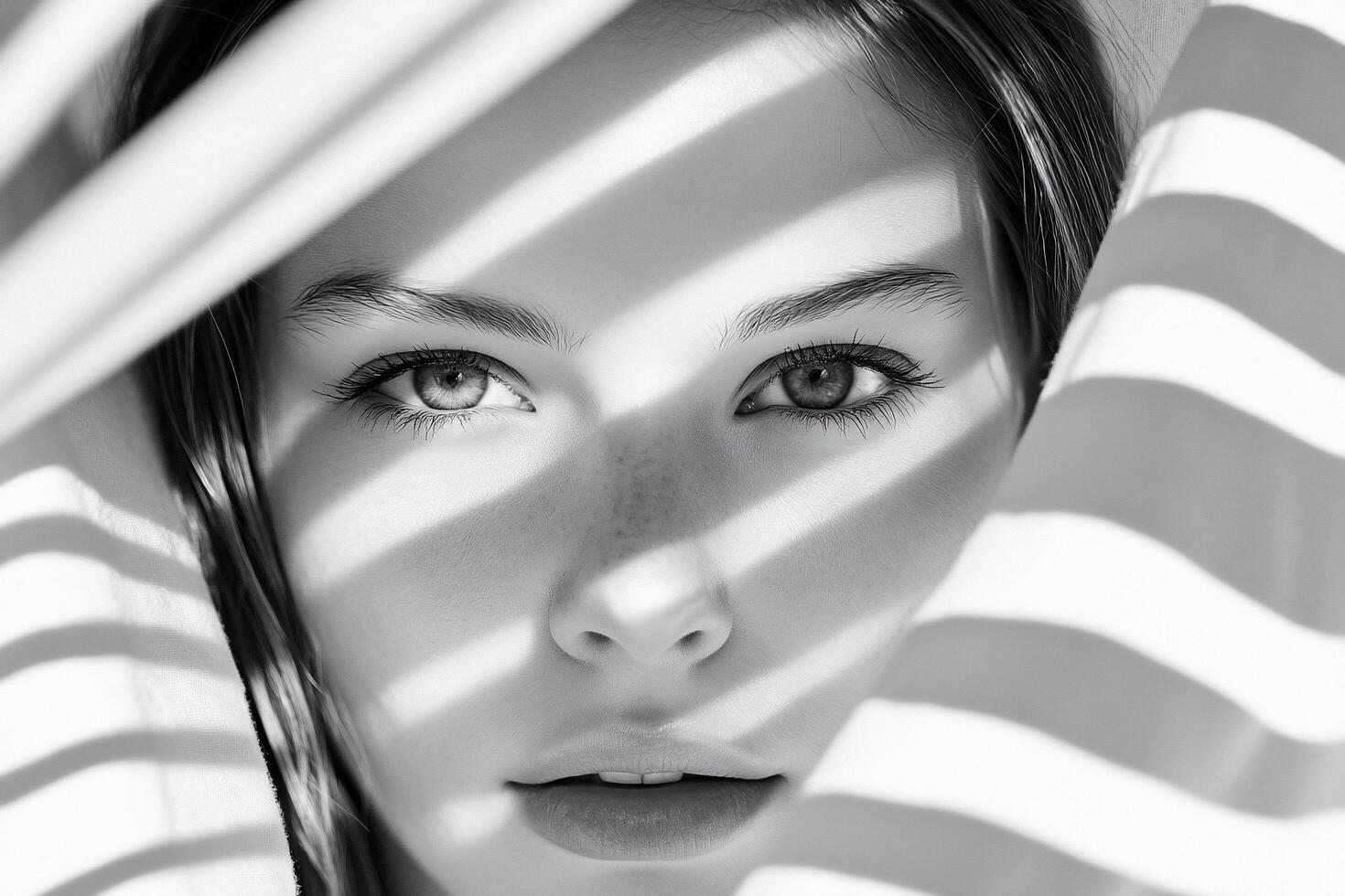 A woman is looking through a window with her eyes closed photo