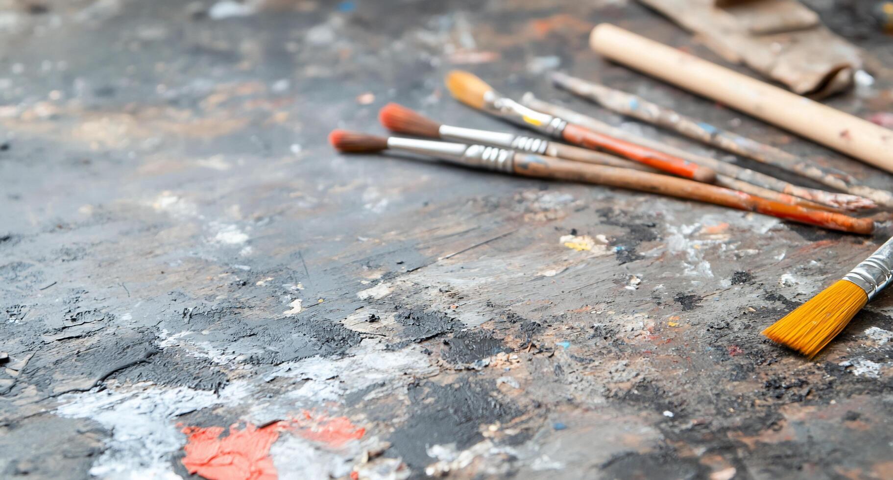 A messy artist's workspace with paintbrushes and splattered paint. photo