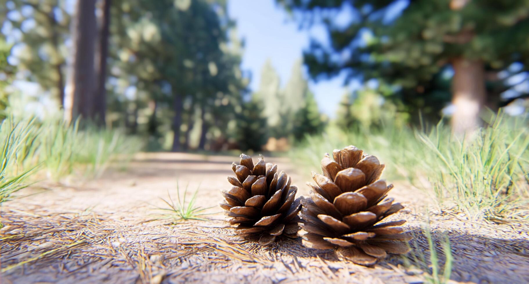 Two pine cones on a forest path surrounded by greenery. photo
