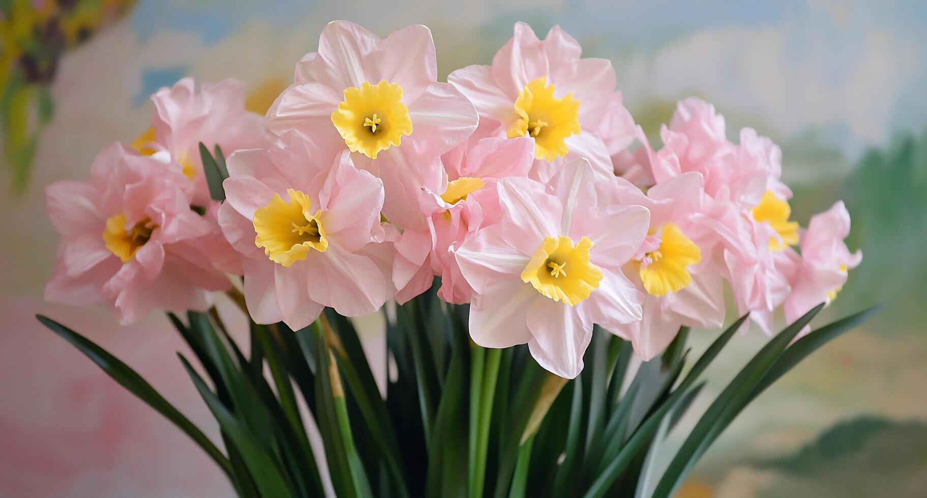A bouquet of pink and yellow daffodils in a soft, artistic background. photo