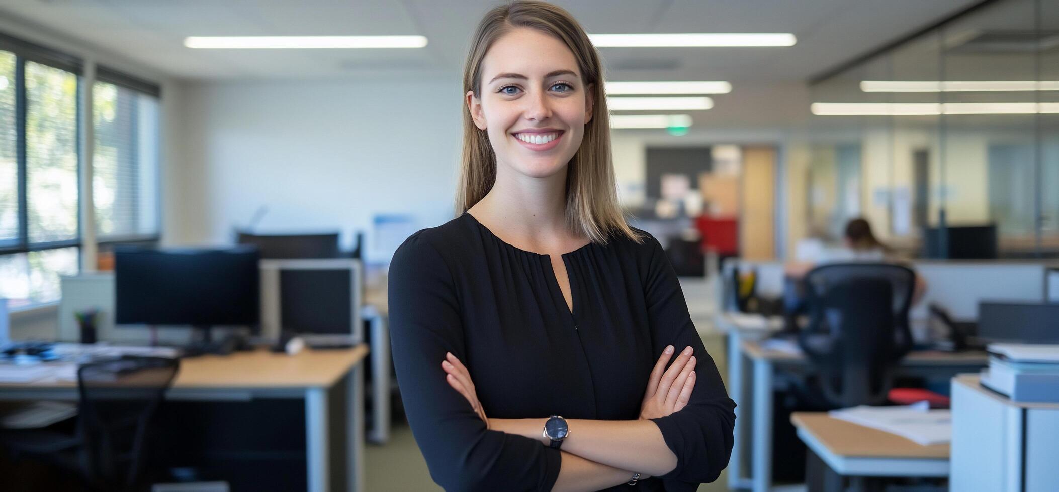 A confident woman stands in an office with a professional demeanor. photo