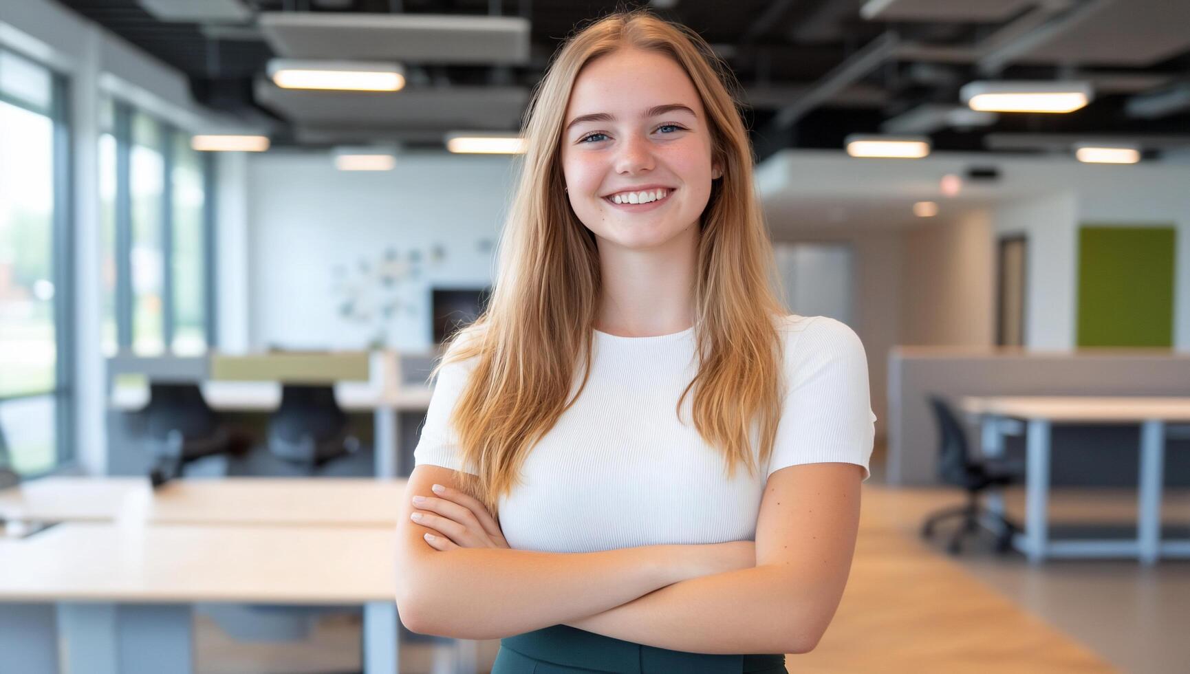 A young woman smiles confidently in a modern office setting. photo