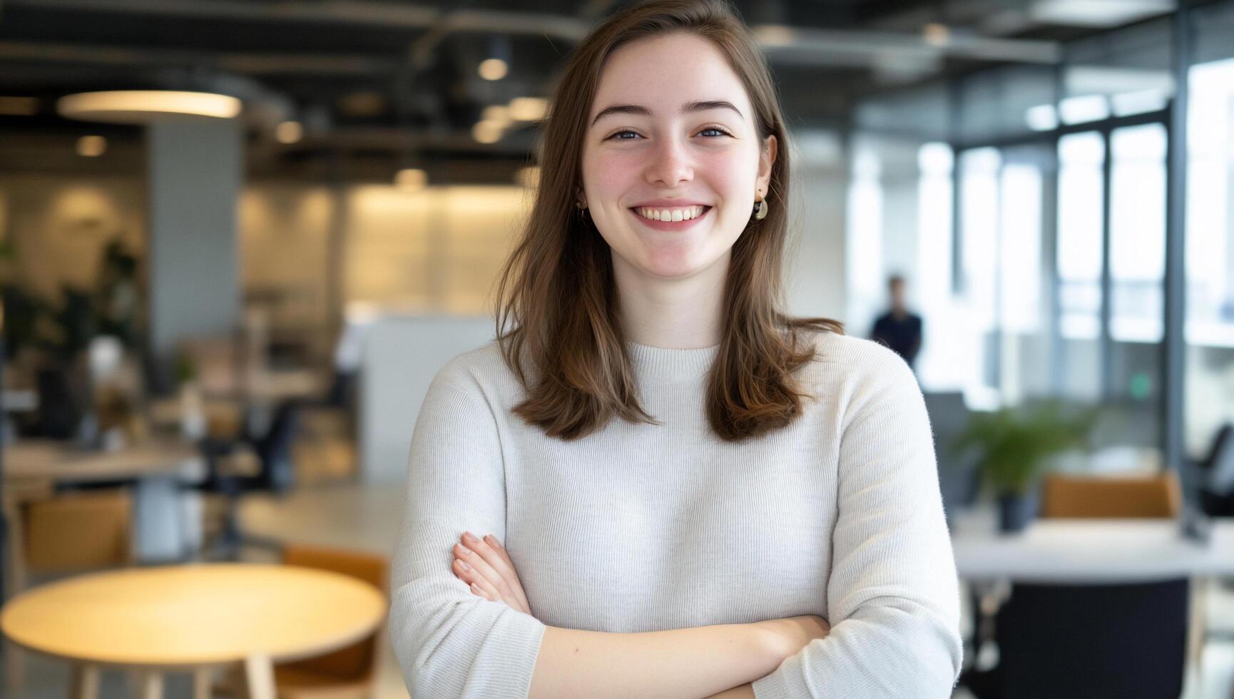A smiling woman stands confidently in a modern office environment. photo