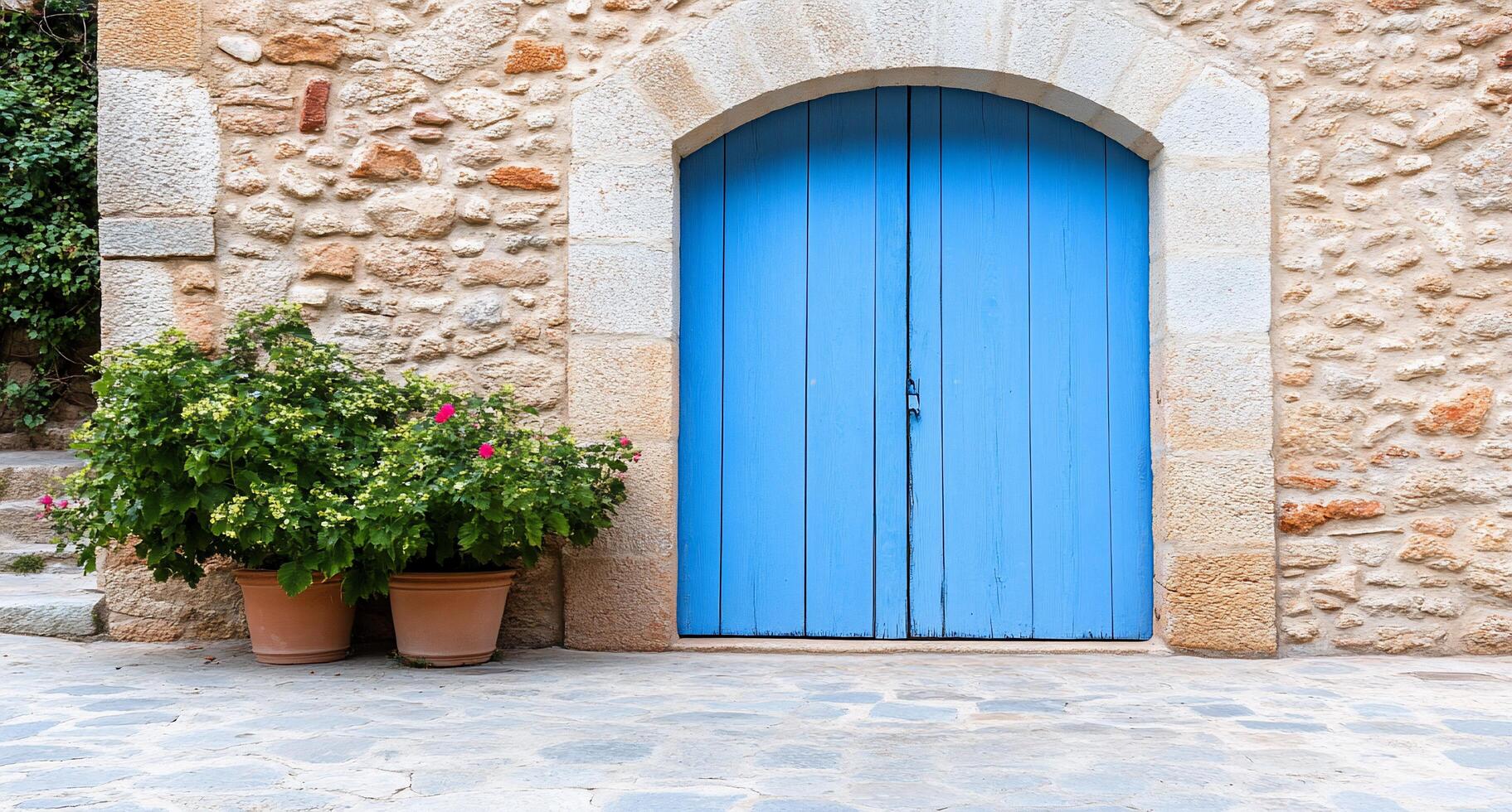 A charming blue door framed by stone walls and potted plants. photo