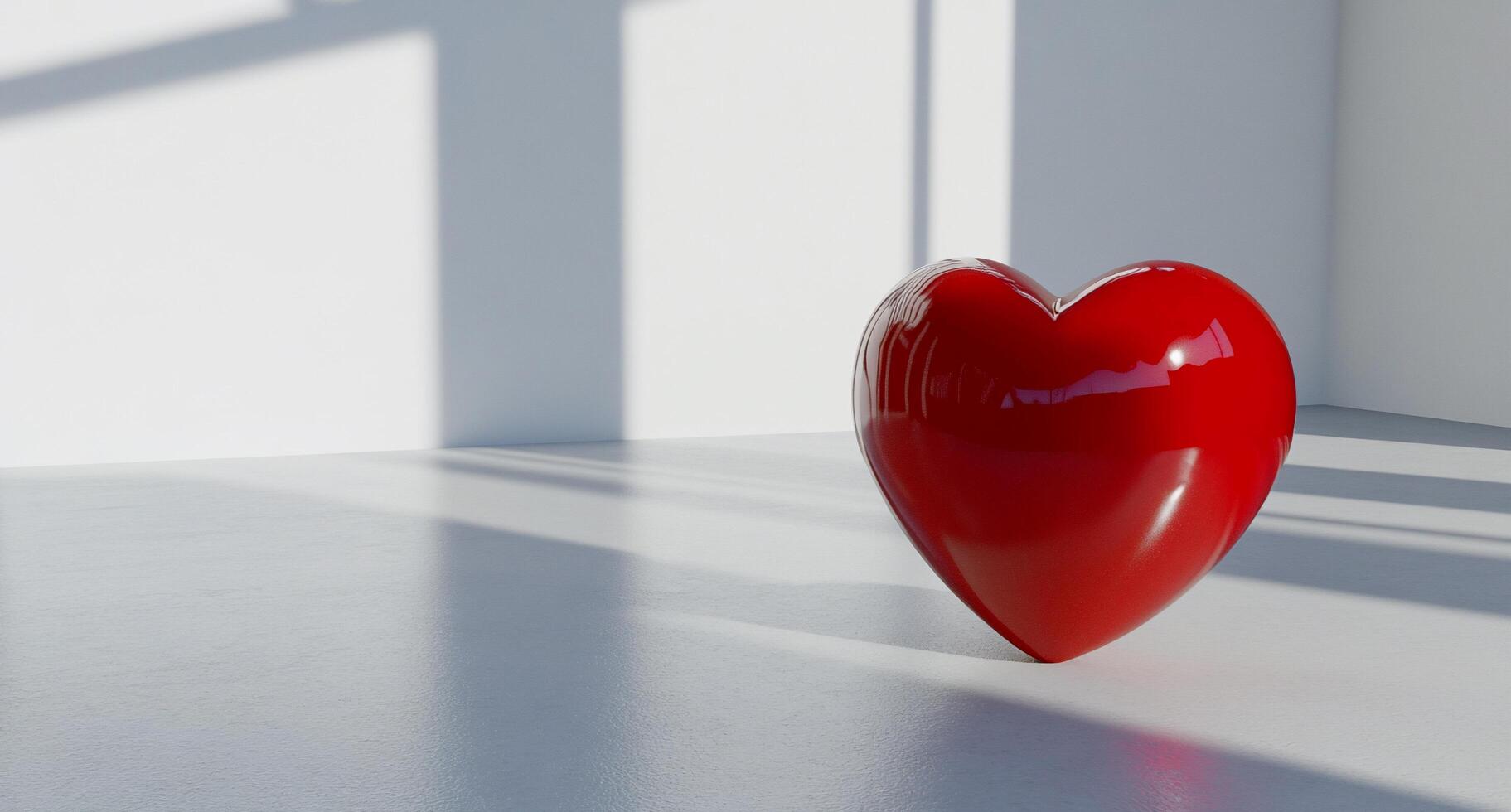 A shiny red heart sculpture casting shadows in a minimalist space. photo