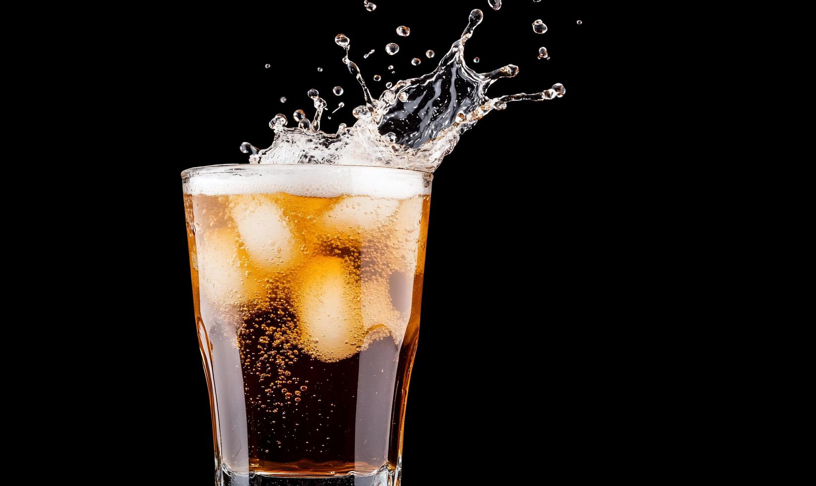 A glass of carbonated beverage with ice, splashing against a dark background. photo