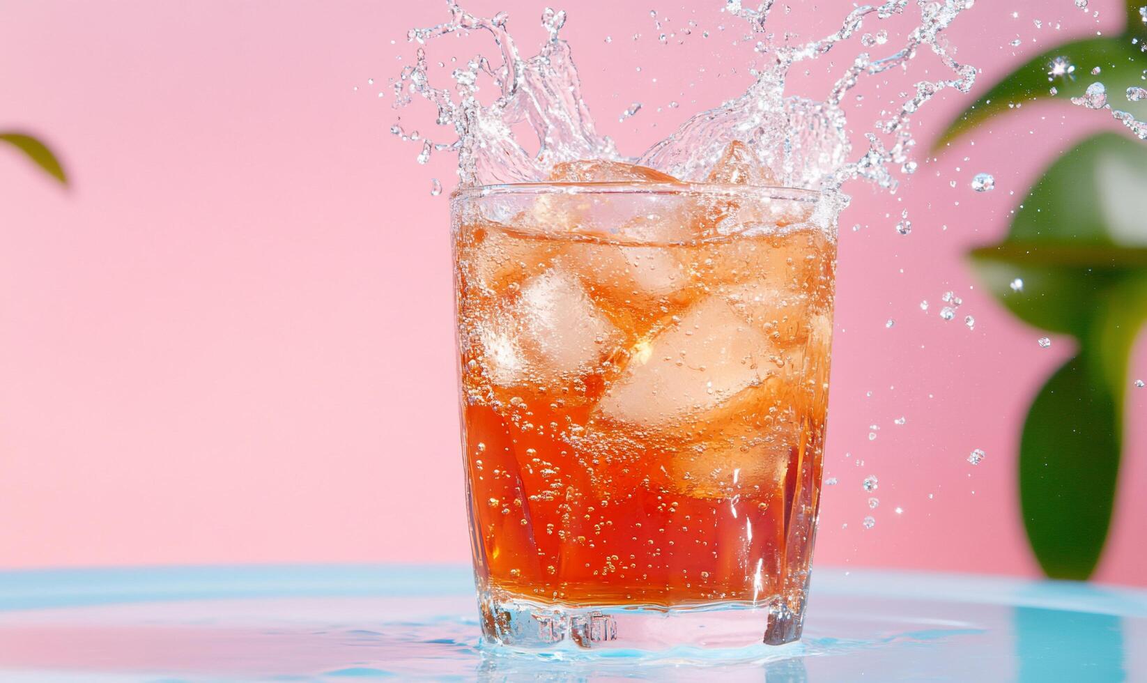 A refreshing drink splashes in a glass with ice against a pink backdrop. photo