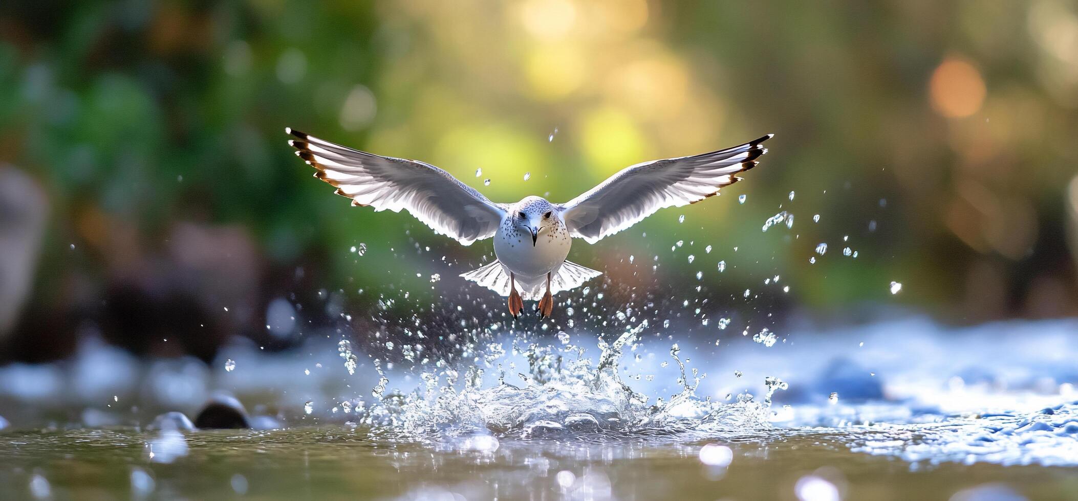 A bird taking flight from water, creating splashes in a serene setting. photo