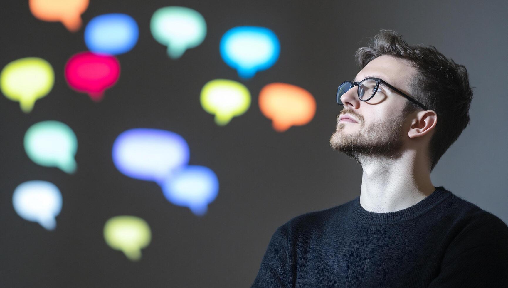A contemplative man gazes at colorful speech bubbles in a thoughtful scene. photo