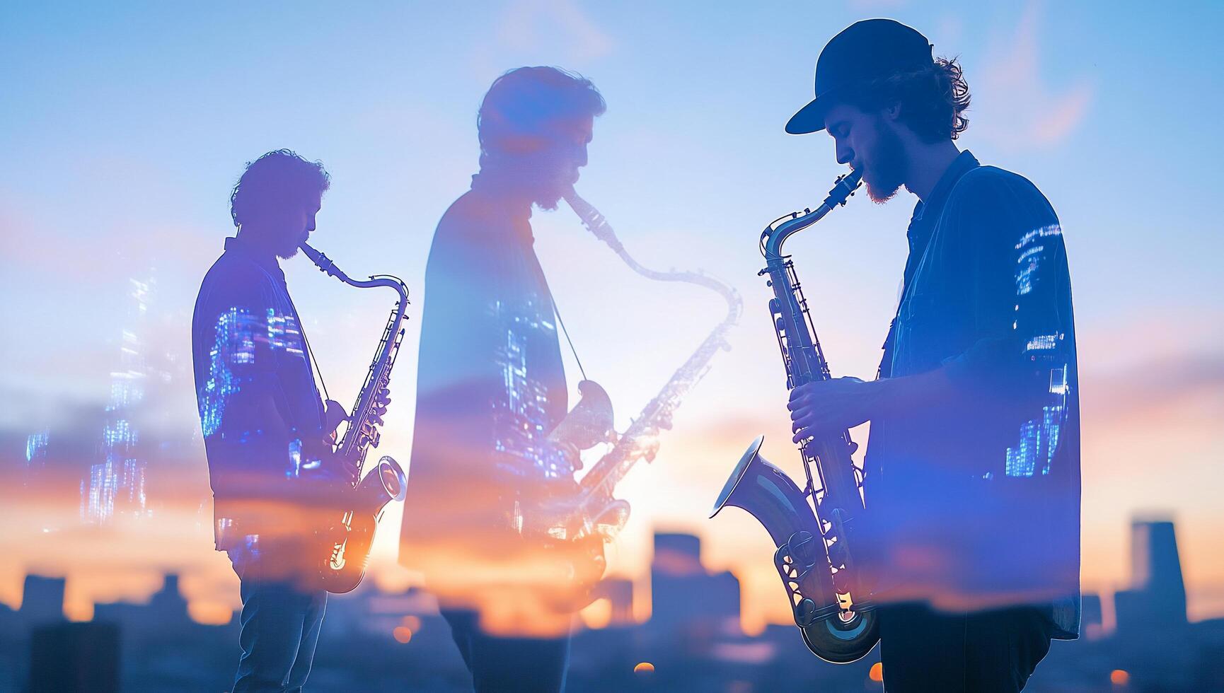 A saxophonist playing at sunset, creating a serene musical atmosphere. photo