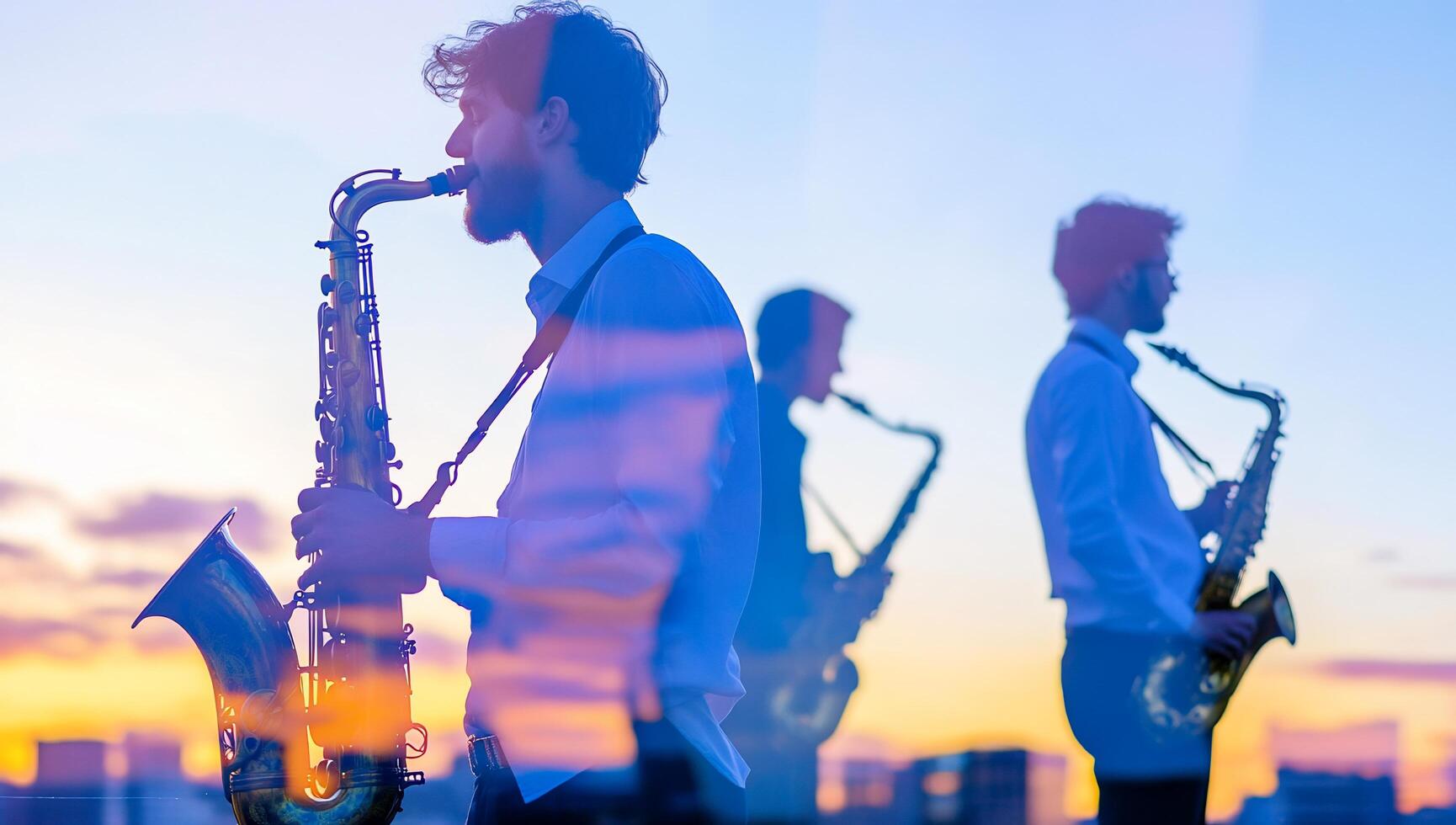 Musicians playing saxophones against a sunset backdrop. photo