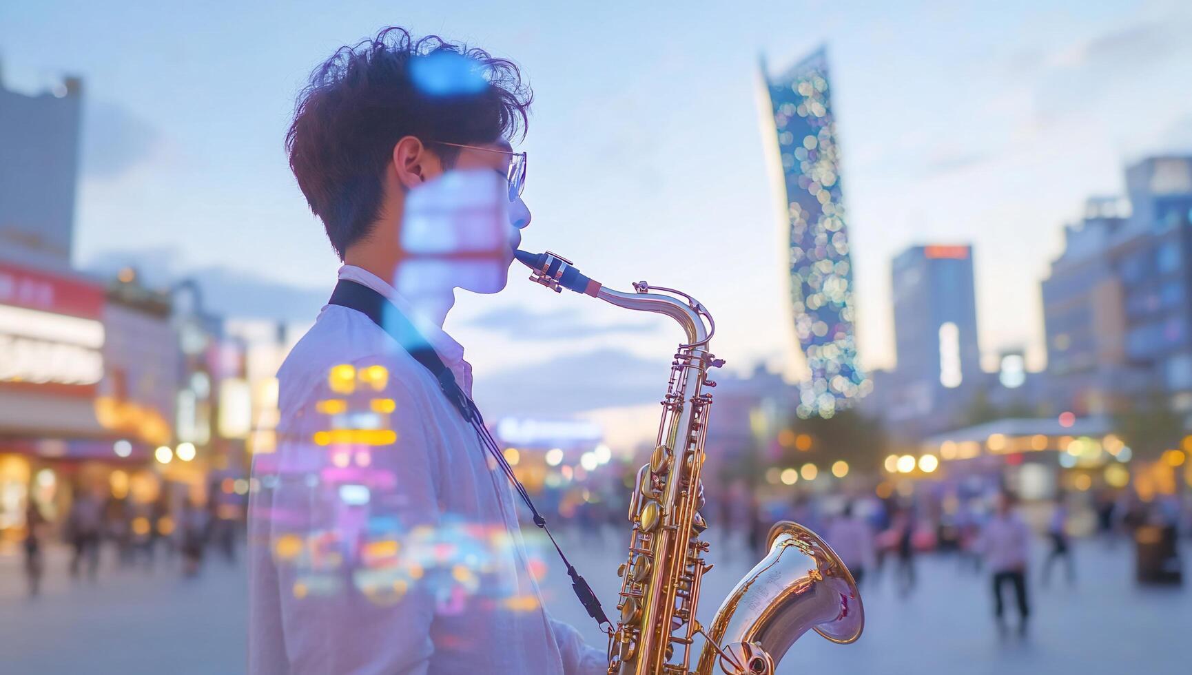 A musician plays saxophone in a vibrant urban setting at dusk. photo