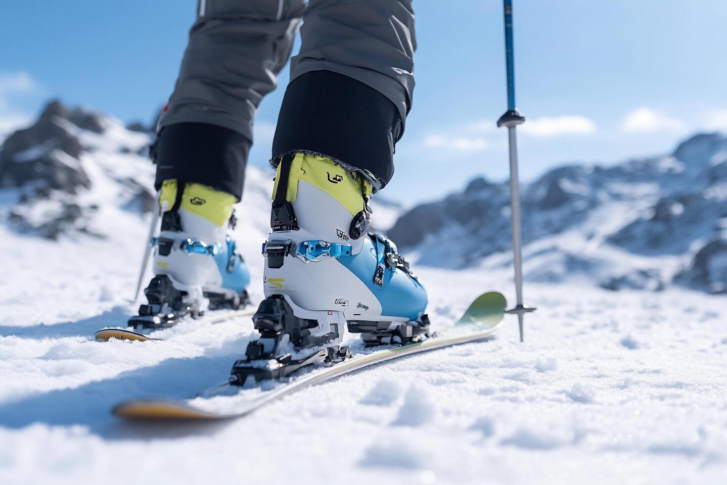 Skis and boots on snow-covered terrain under a clear blue sky. photo