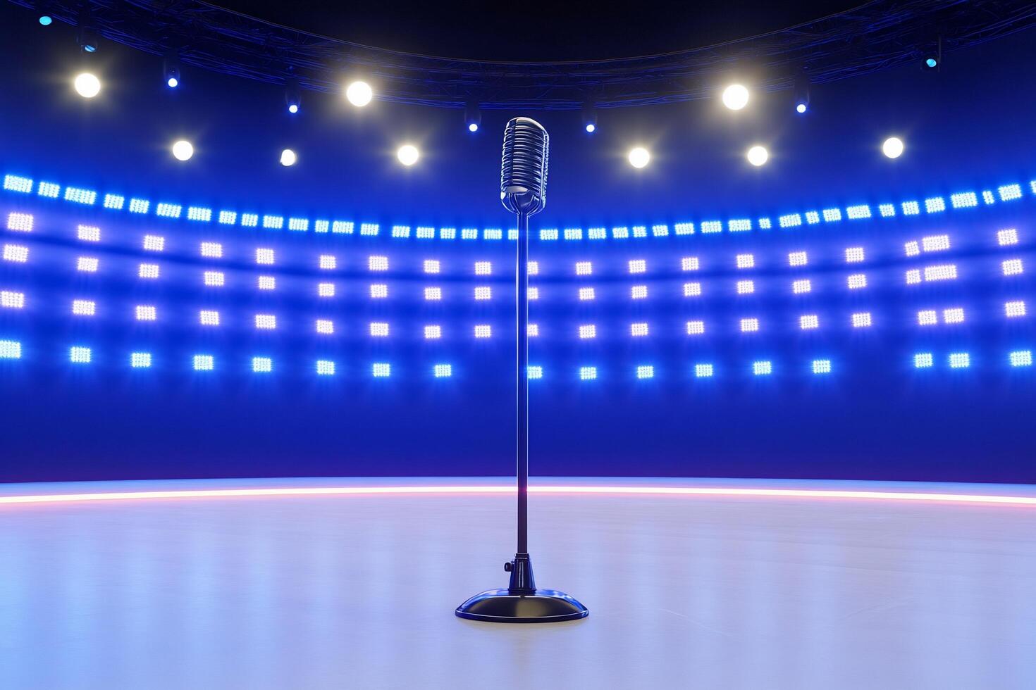 A classic microphone on stage with bright lights for performances. photo