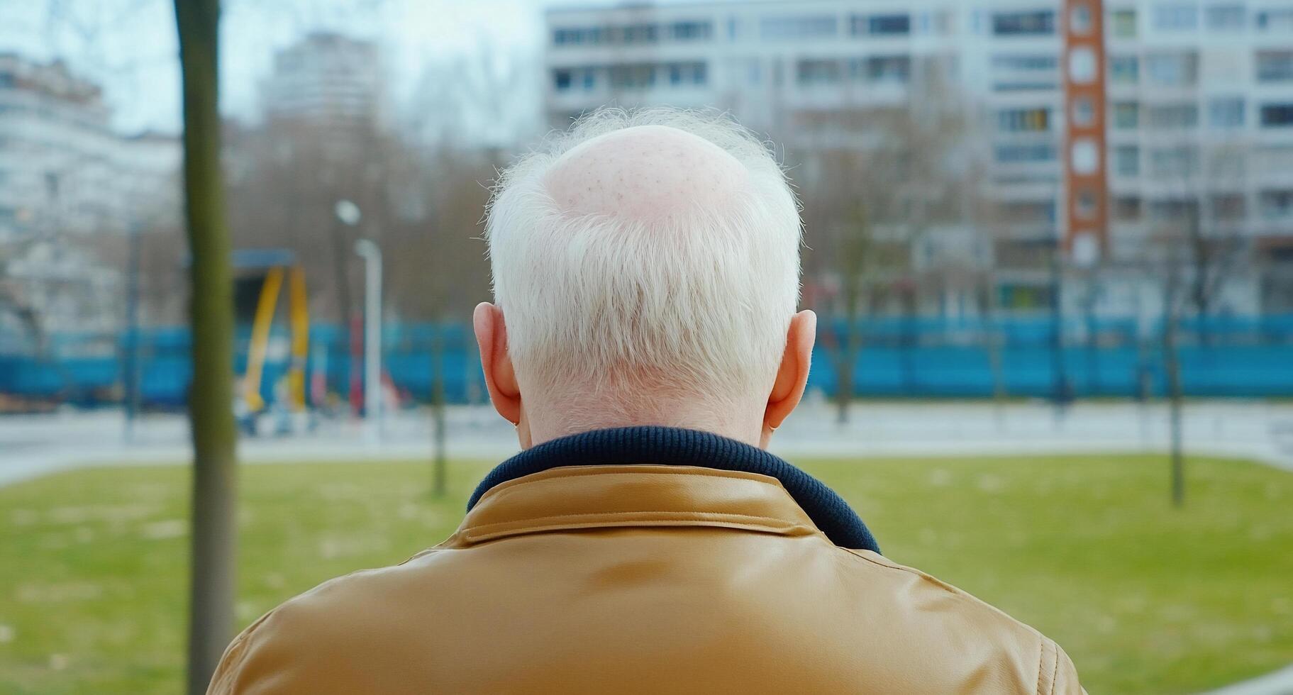 A senior man viewed from behind, gazing at a park setting. photo