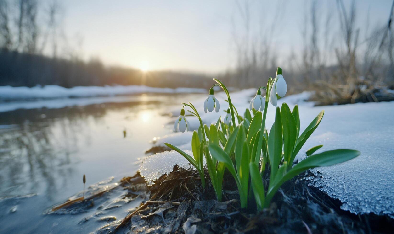 Snowdrops bloom near a river at sunrise, signaling the arrival of spring. photo