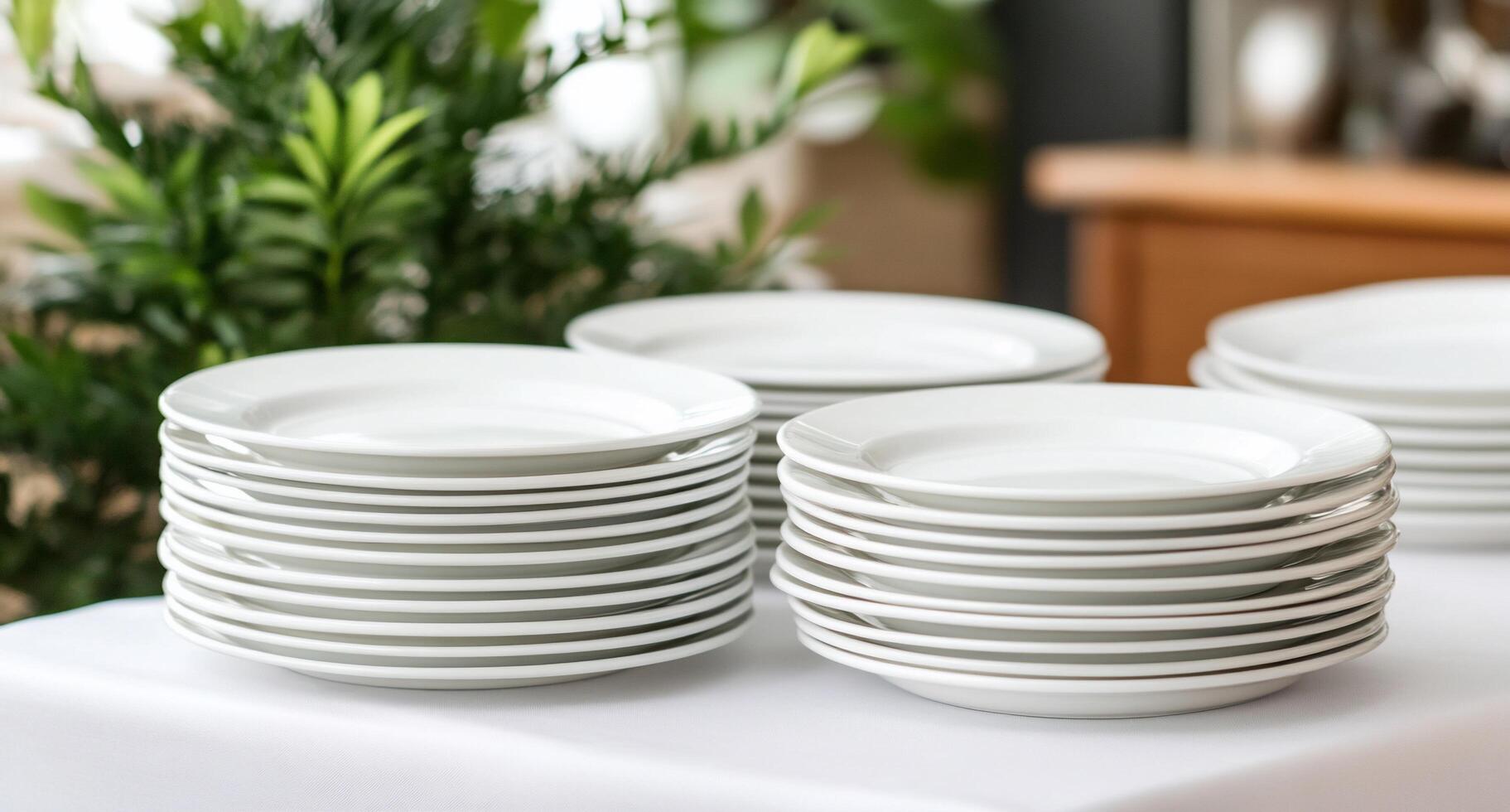 A stack of white plates arranged on a table for dining purposes. photo