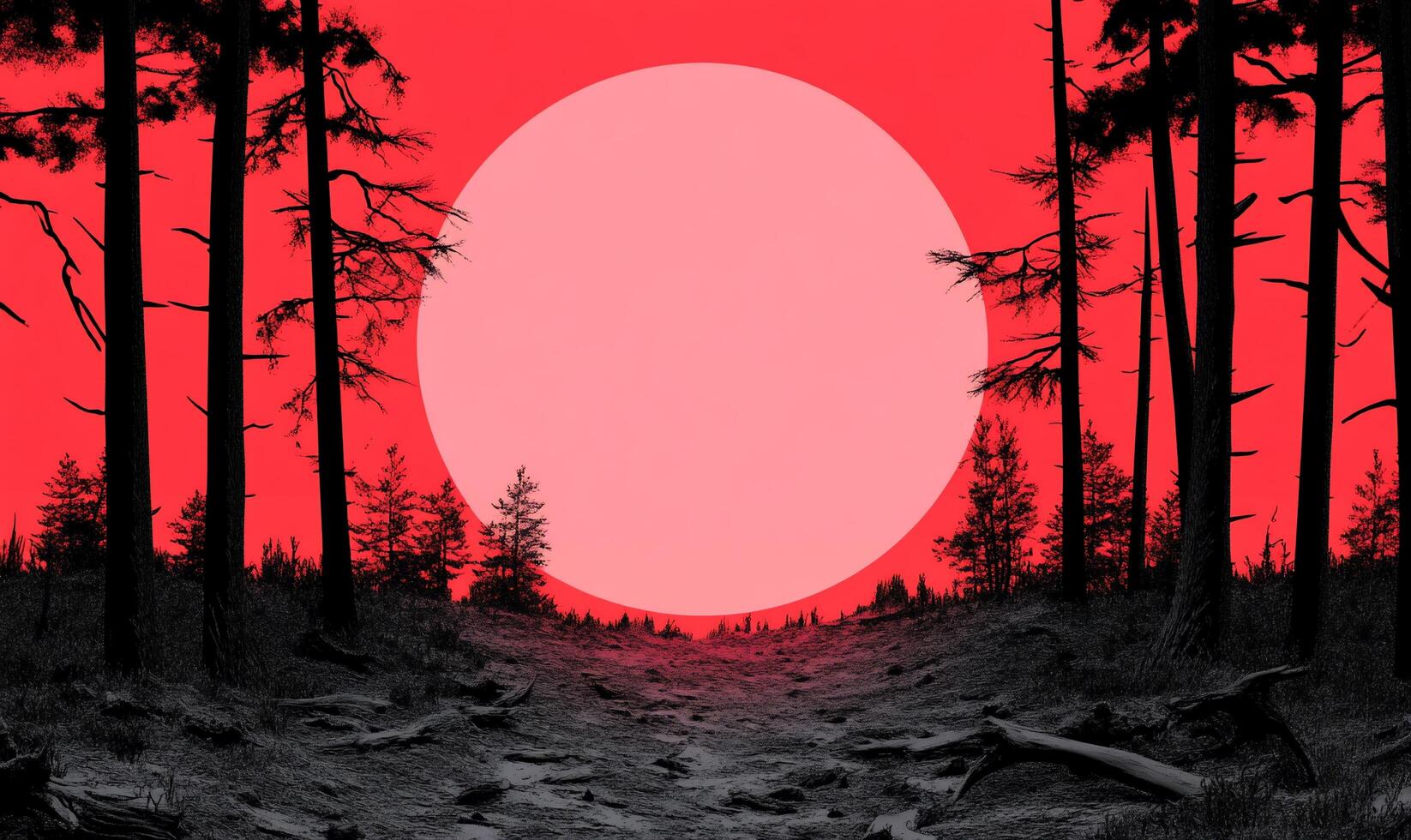 A surreal forest scene with a large pink sun against a red sky. photo