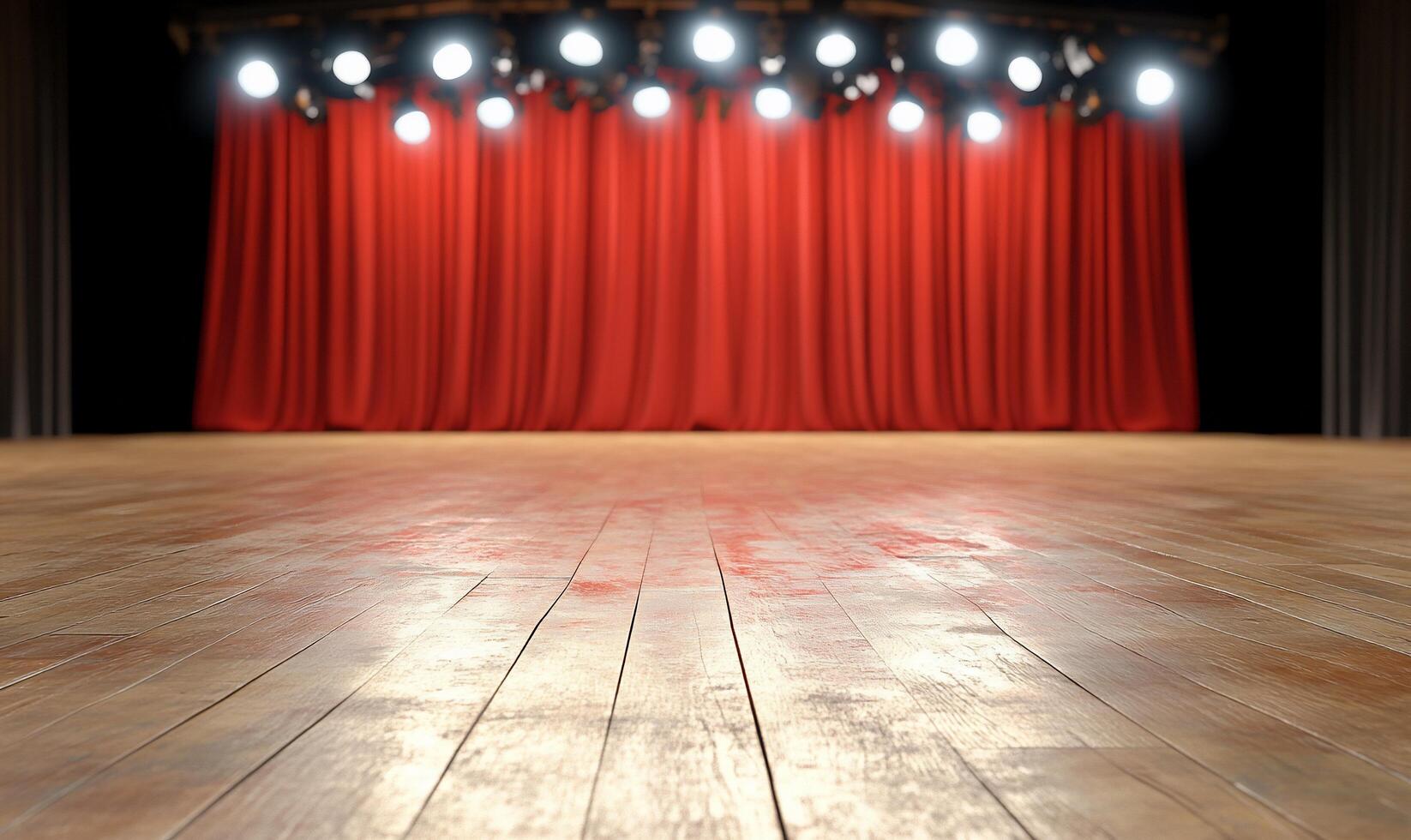 A stage with bright lights and red curtains, ready for a performance. photo