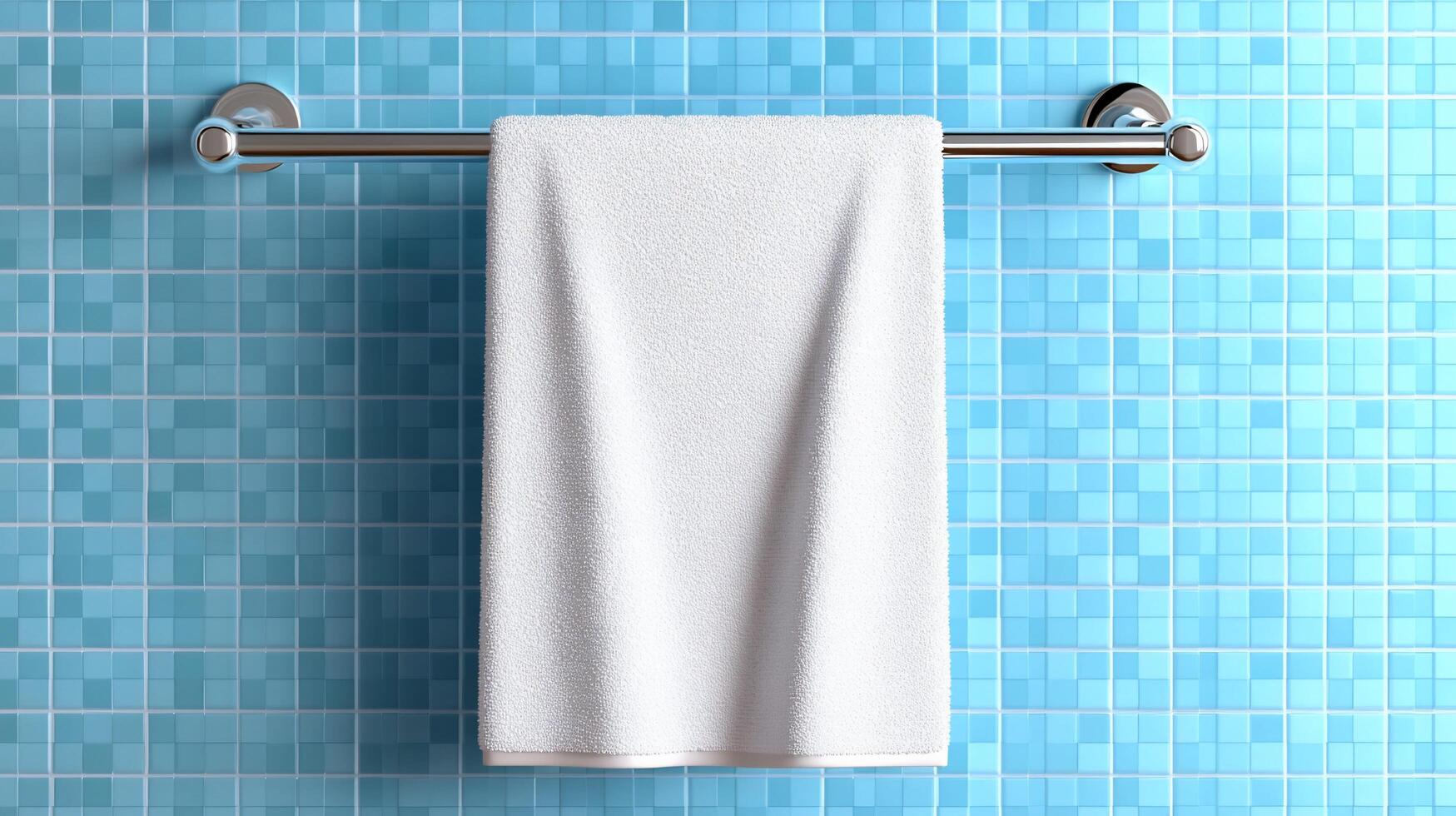 A white towel hanging on a chrome rack against a blue tiled wall. photo