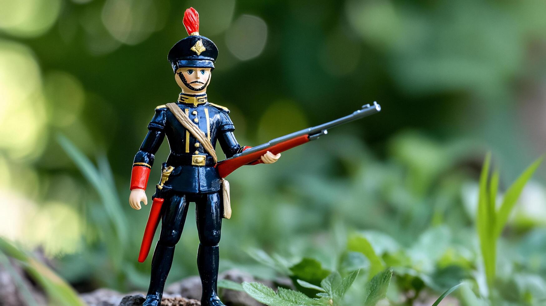 A toy soldier figurine stands amidst green foliage. photo