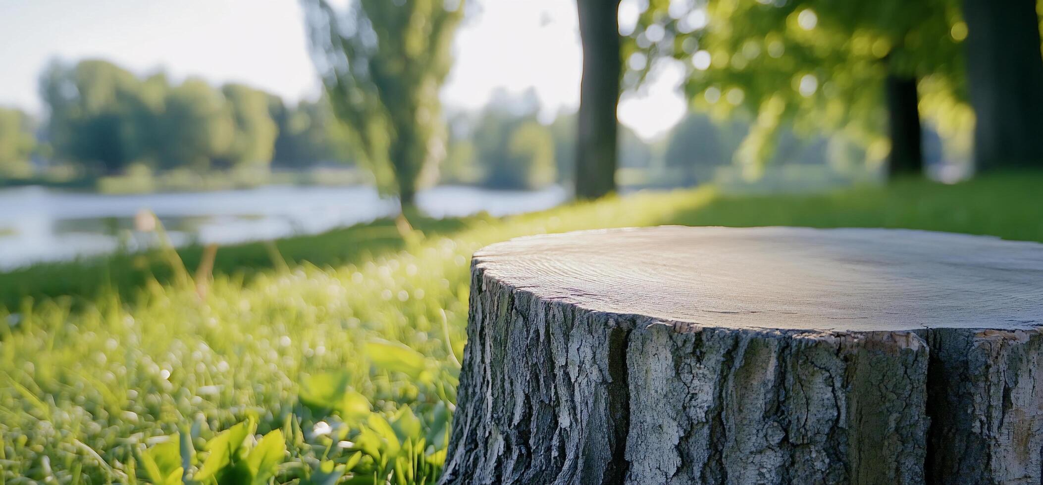 A serene view of a tree stump by a tranquil lakeside. photo