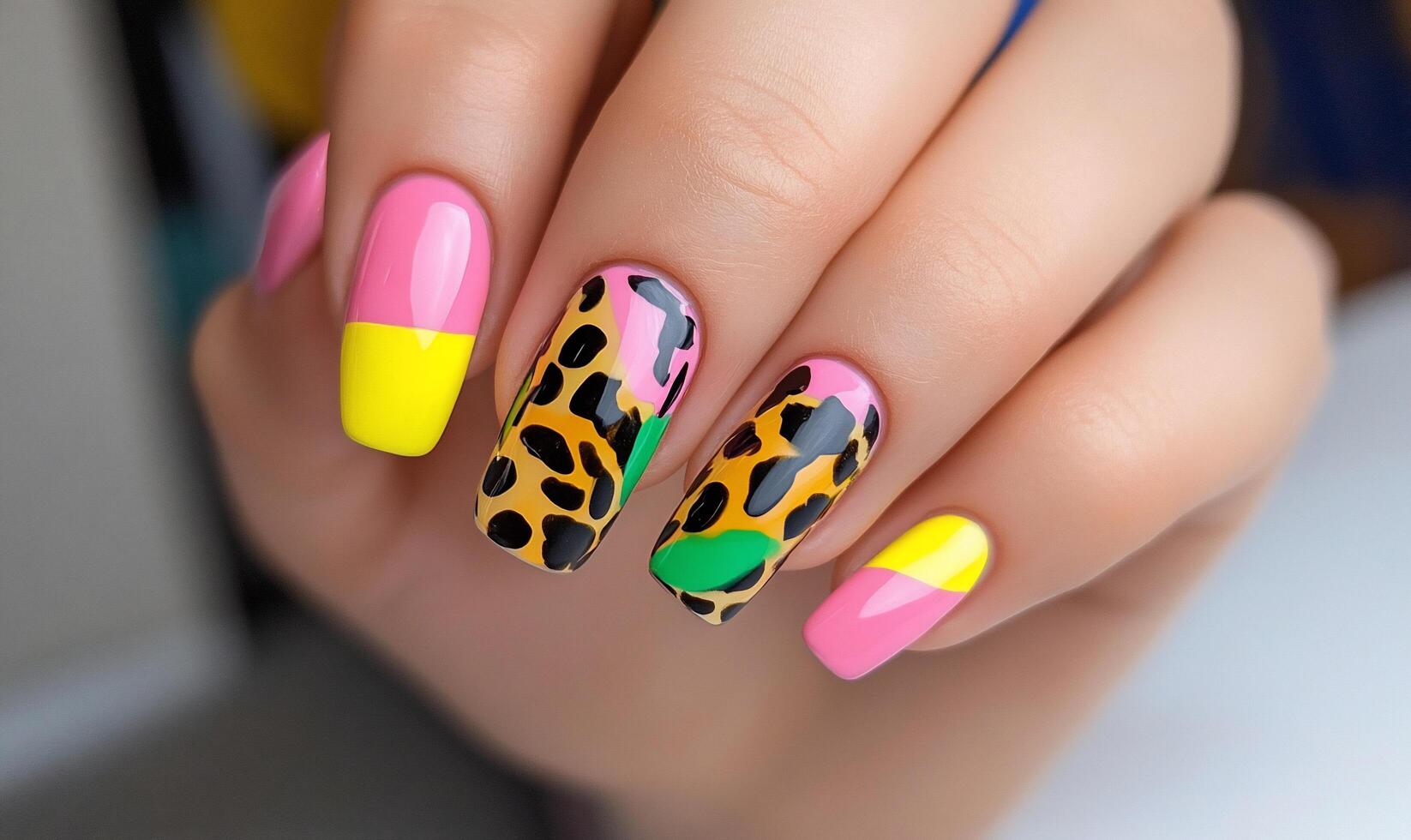 Colorful nail art featuring leopard print and vibrant geometric designs. photo