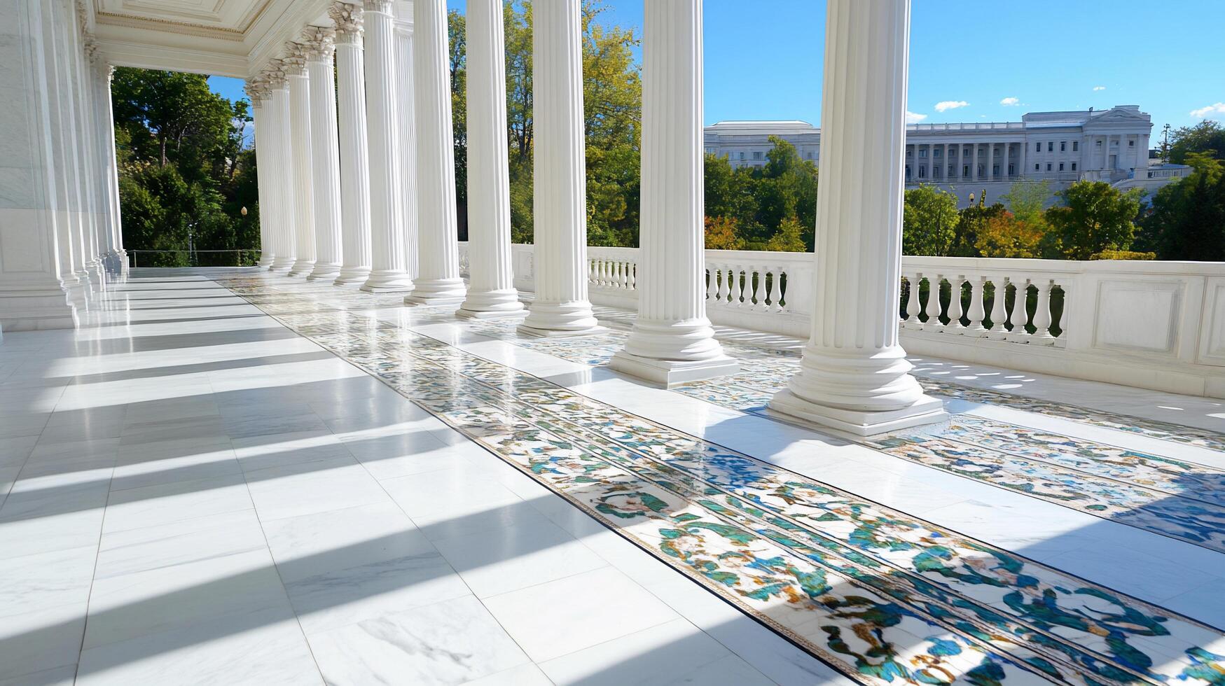 A view of a building with columns and a tiled floor photo